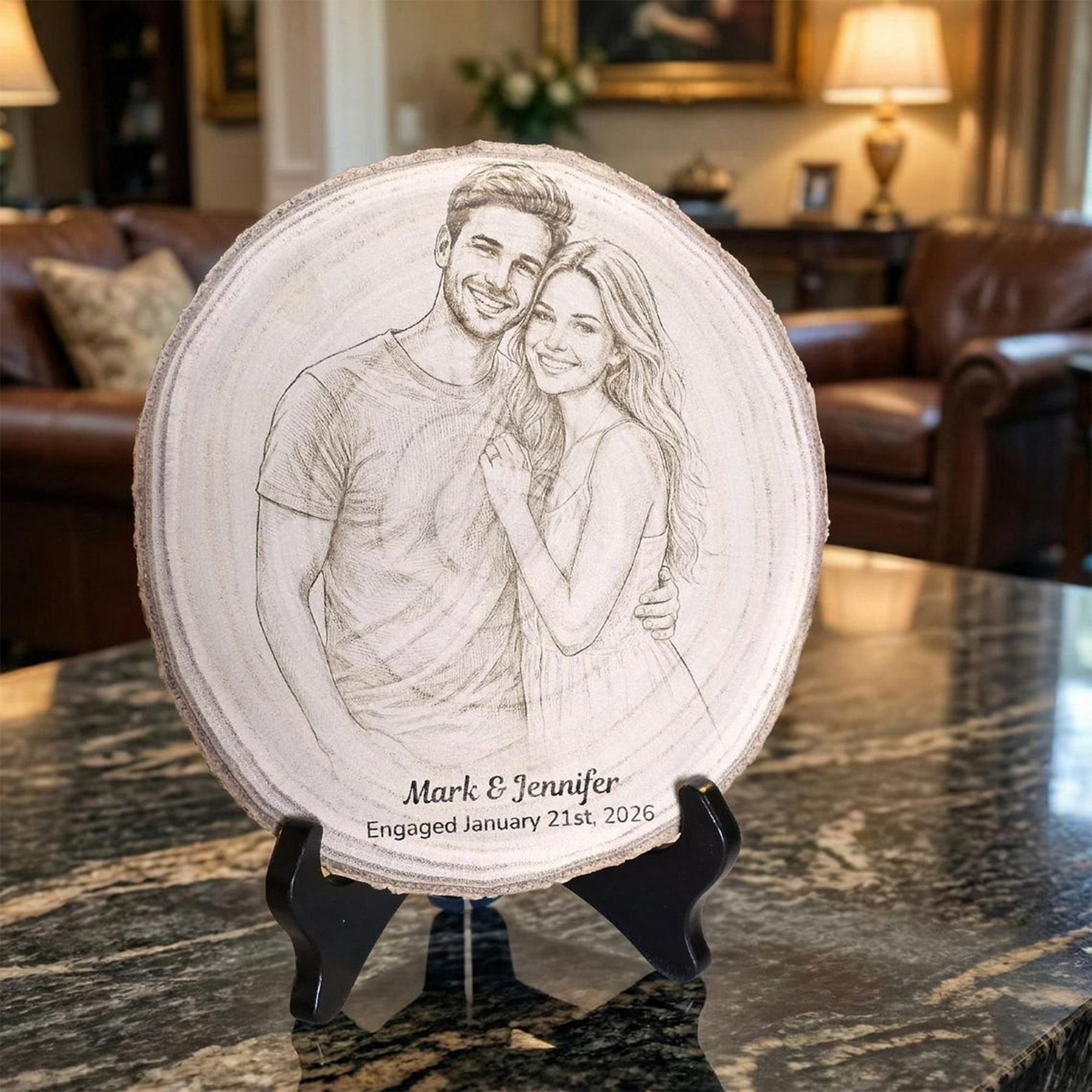 Personalized Family Photo Portrait Engraved Wood Slice Display, Wood Slice Keepsake, Memorial Keepsake, Home Decor
