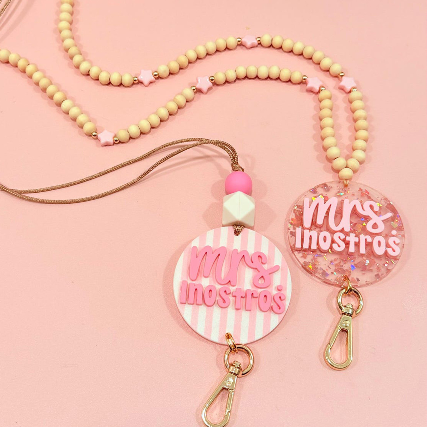 Custom Name ID Badge Holder, Pink Lanyard, Back to School Gift