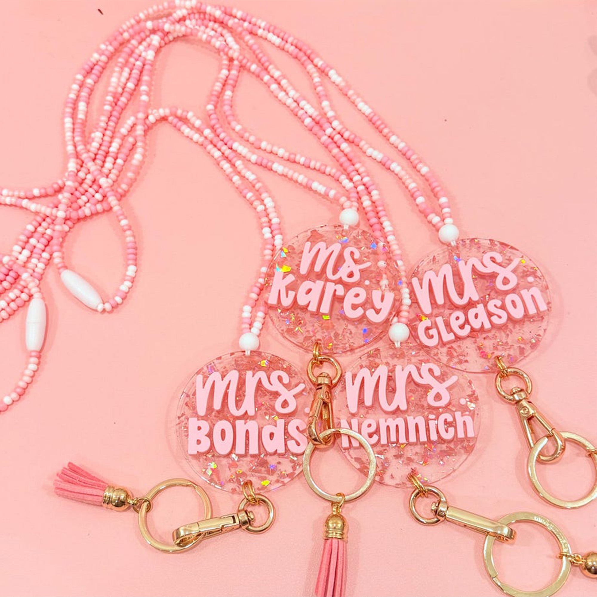 Custom Name ID Badge Holder, Pink Lanyard, Back to School Gift