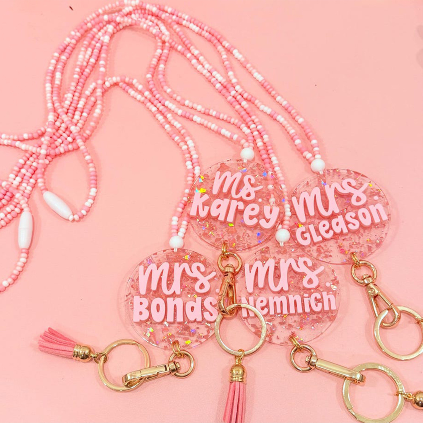 Custom Name ID Badge Holder, Pink Lanyard, Back to School Gift