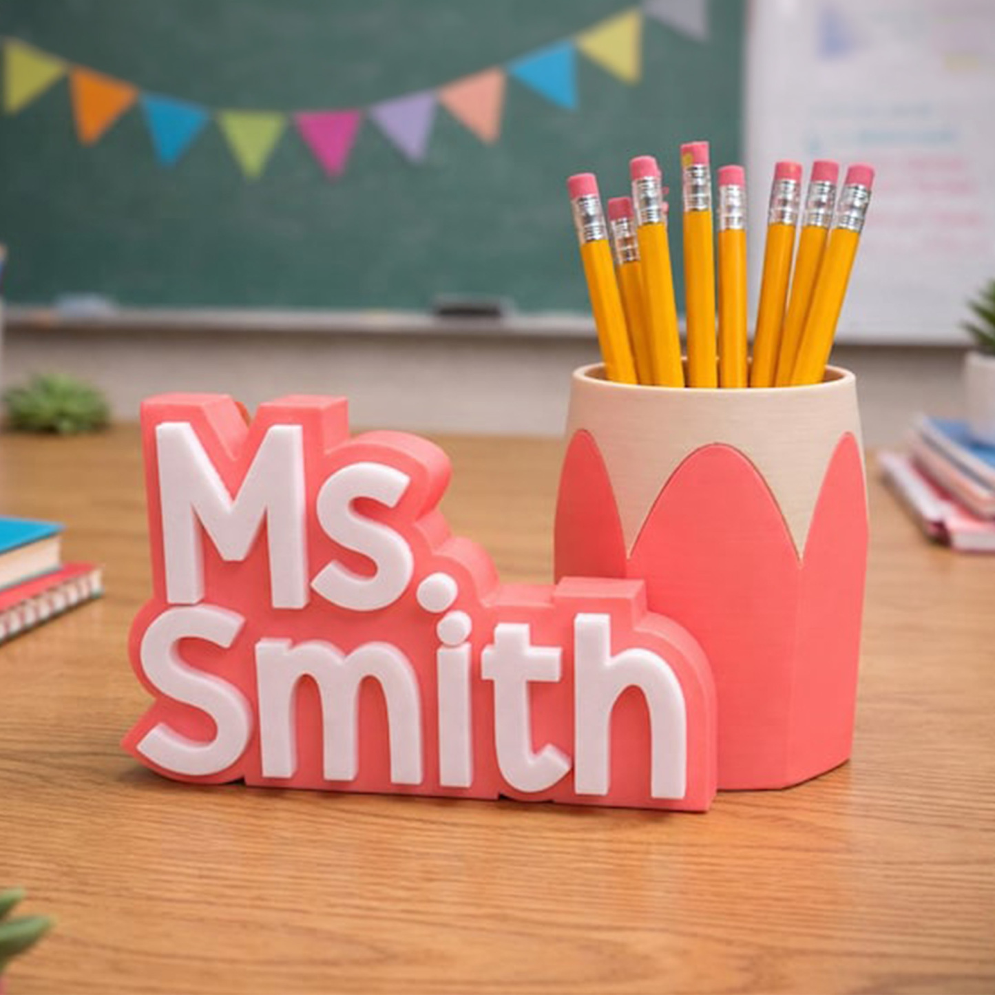Custom Teacher Name Plate & Pen Cup, Personalized Desk Name Stand, Teacher Gift