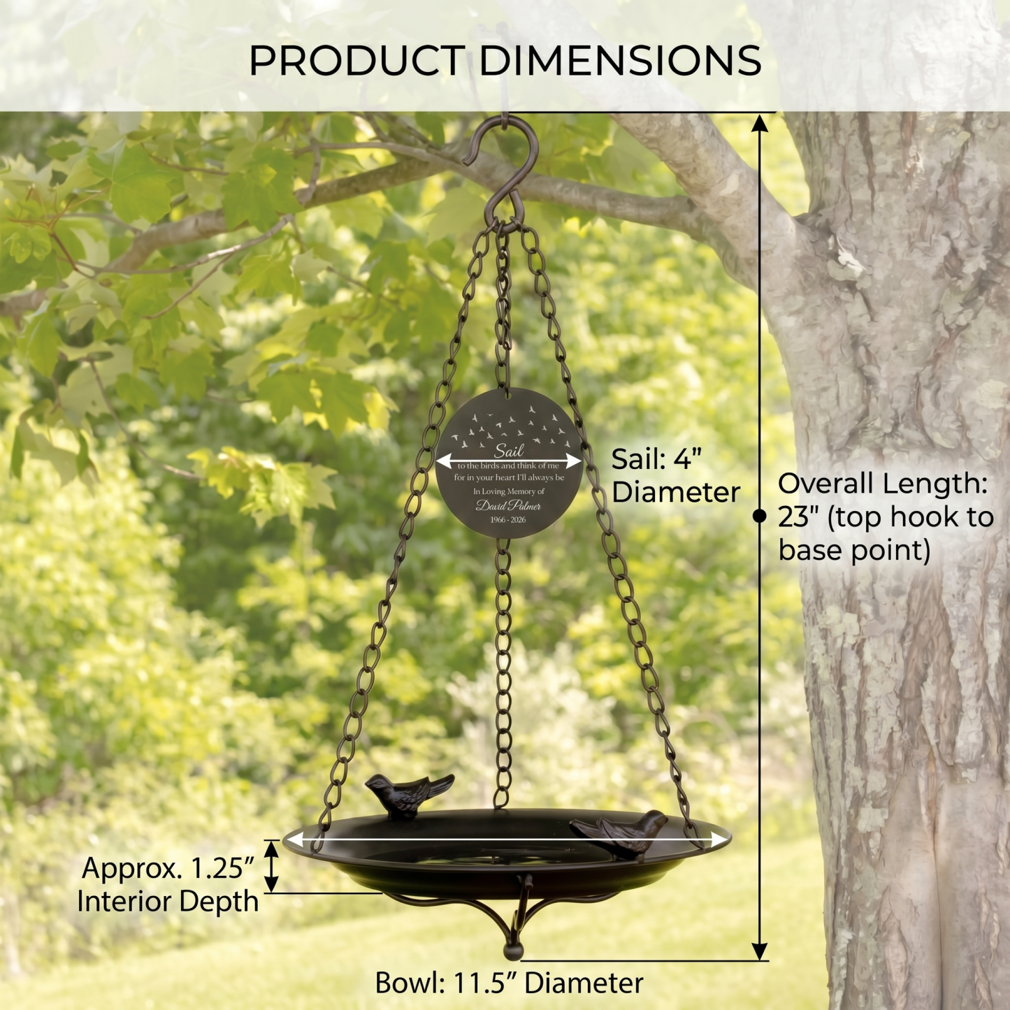 Engraved Sympathy Garden Remembrance Gift with Name & Years, Personalized Memorial Bird Bath, Hanging Metal Bowl