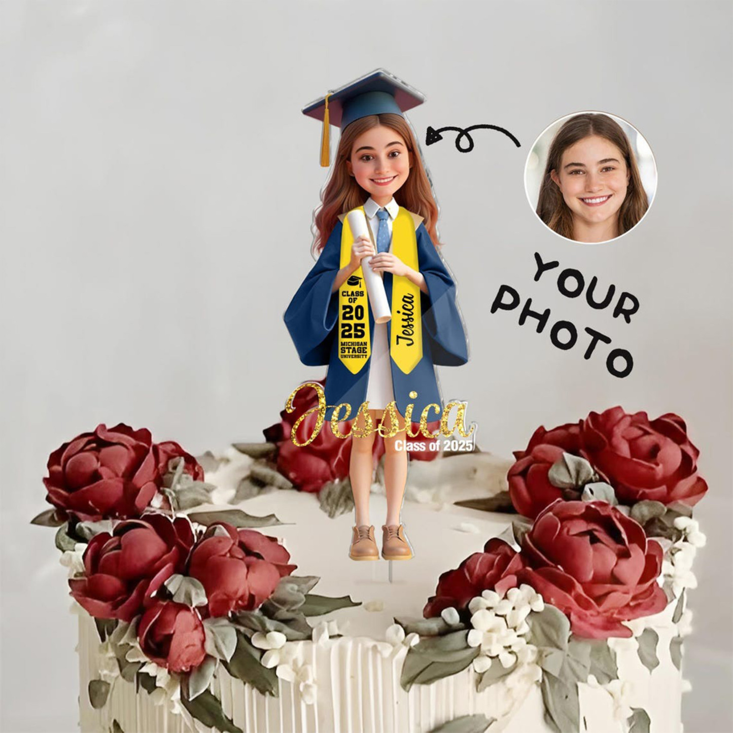 Personalized Face Graduation Cake Topper/Tray, Class of 2026, Gift for Graduate, Graduation Gift