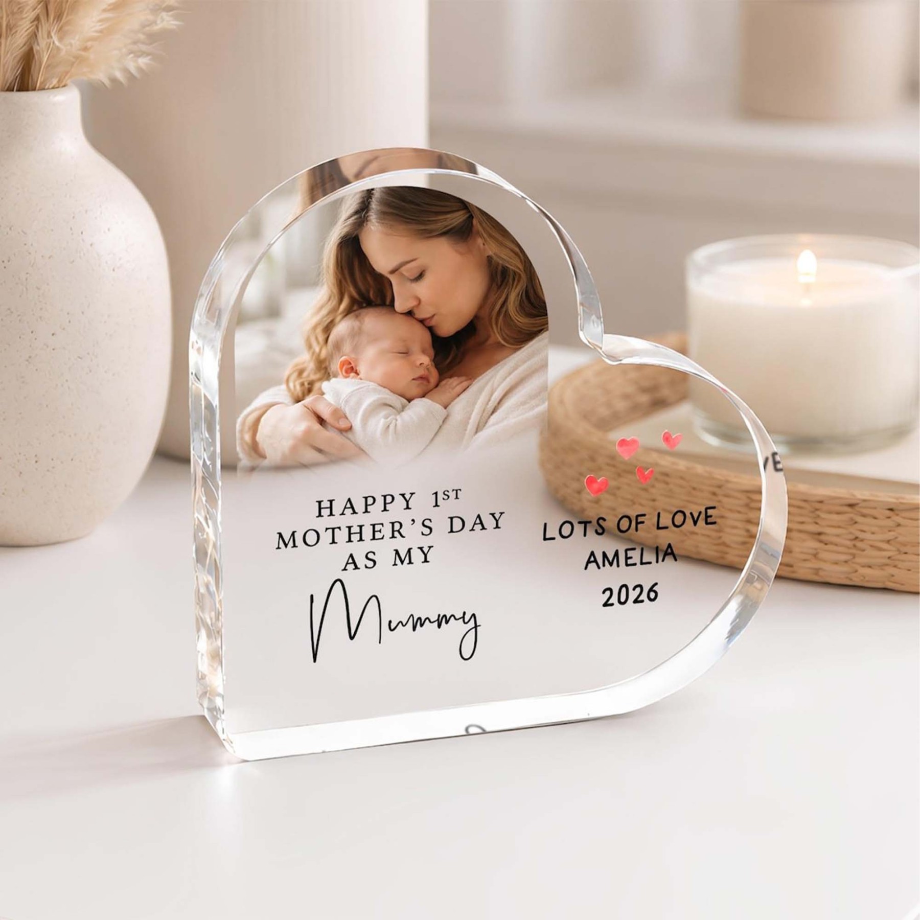 Custom First Mother's Day Heart Shape Photo Frame, Table Decor, Home Decor, Gift for Mother, First Mother's Day Gift