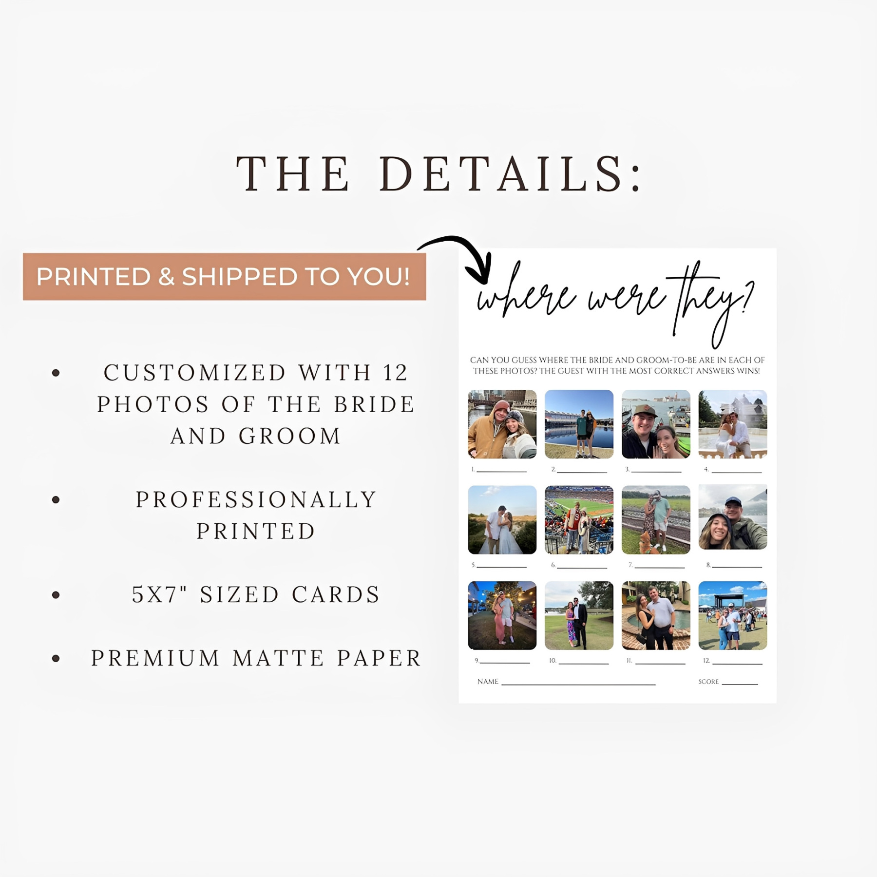 (Sold at 10pcs)Personalized Photo Bridal Shower Game Cards, Bridal Party Favor, Couple Activity, Where Were They Photo Cards
