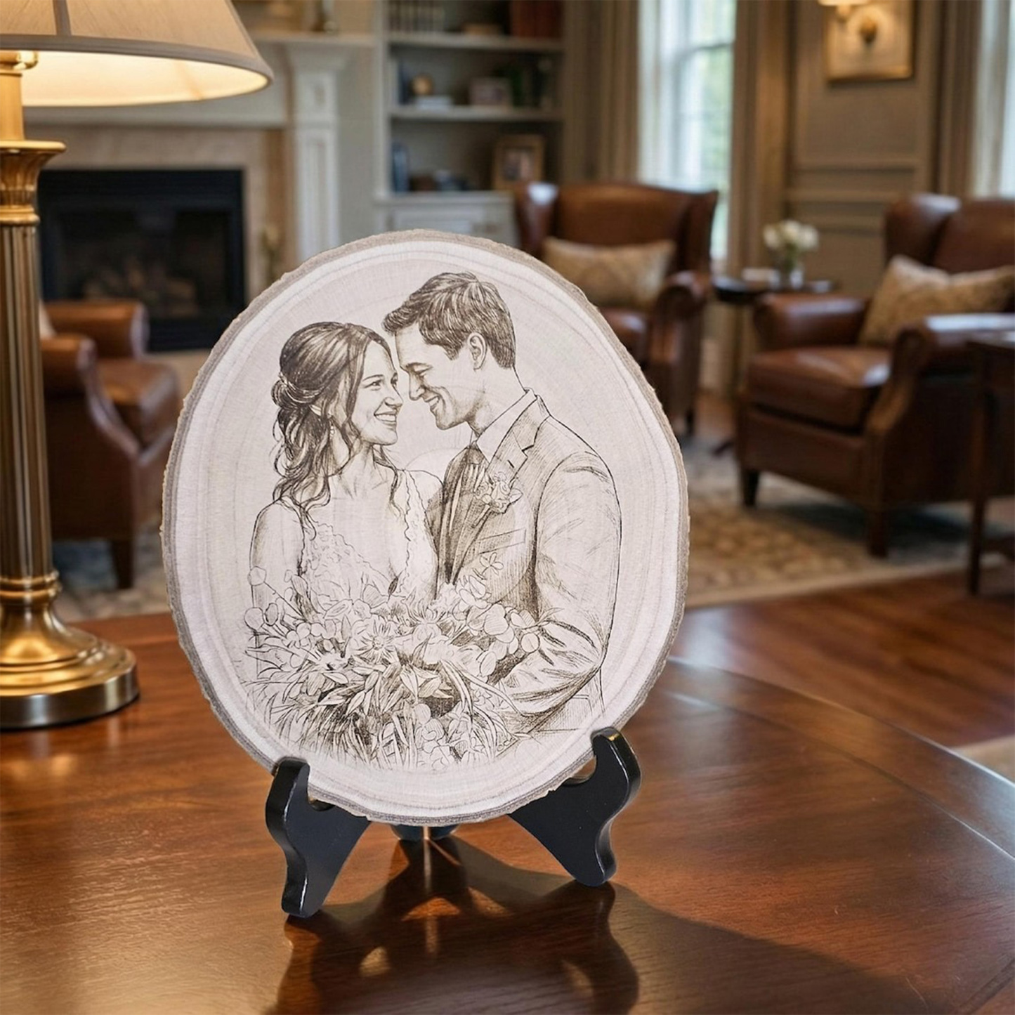 Personalized Family Photo Portrait Engraved Wood Slice Display, Wood Slice Keepsake, Memorial Keepsake, Home Decor