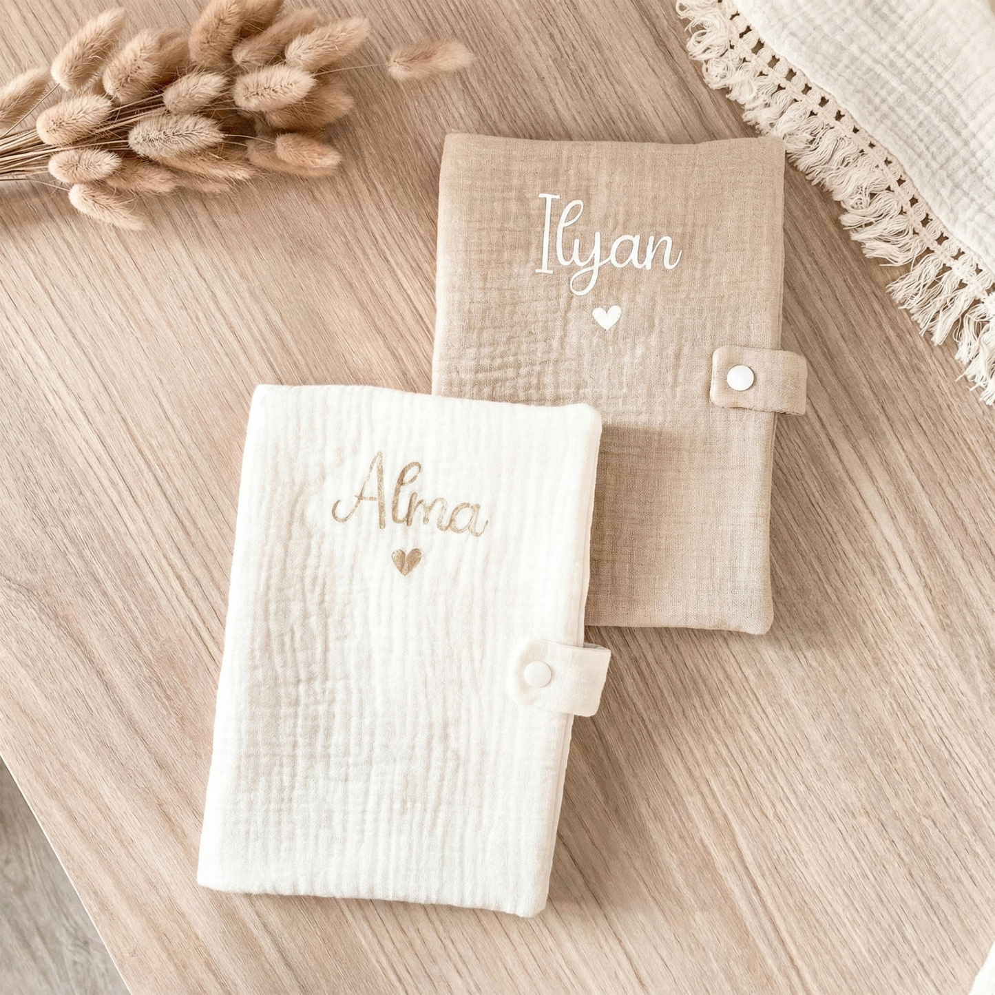 Custom Name Cotton Gauze Baby Health Record Book Cover, Embroidered Iron-on Name, New Baby Gift