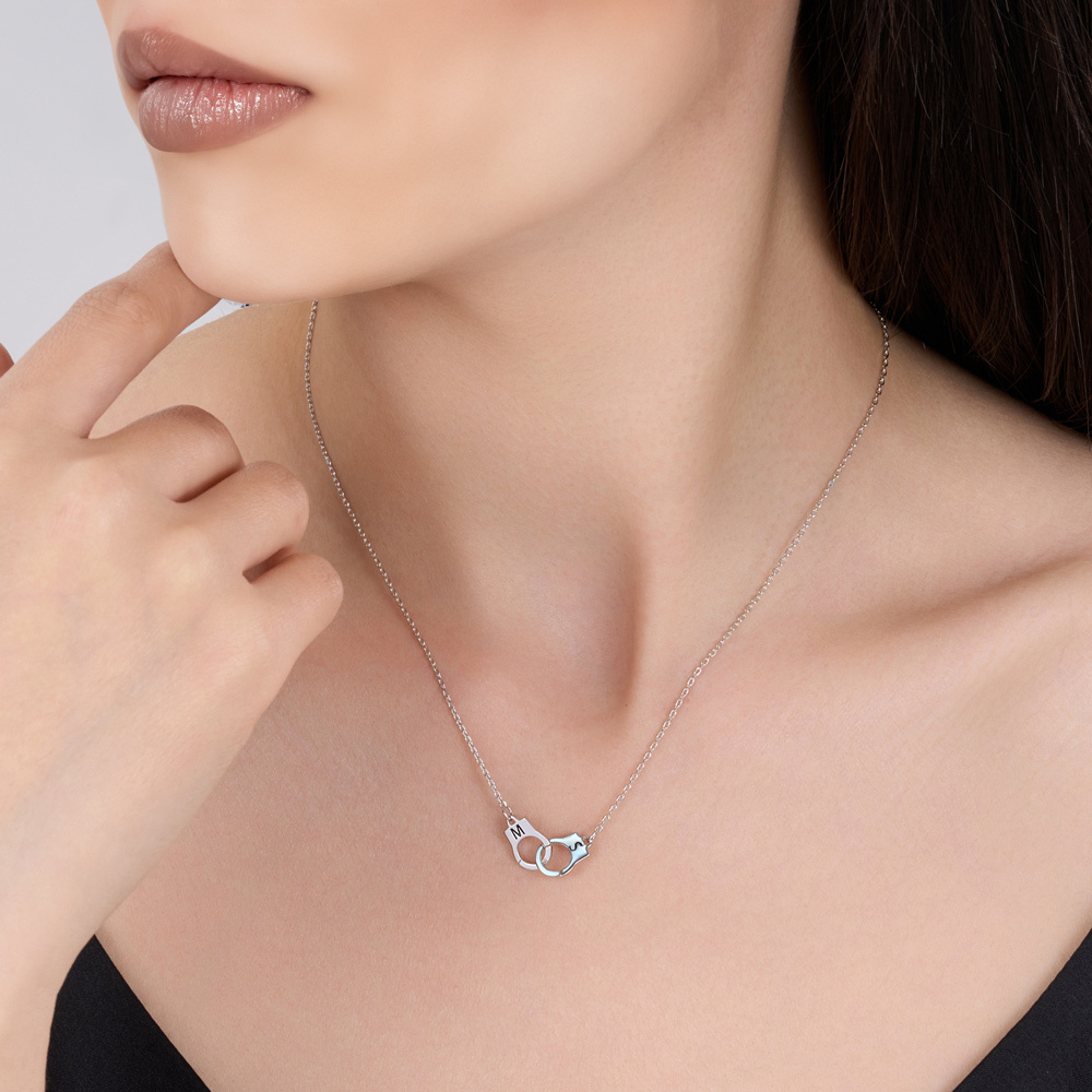 Personalized Police Handcuff Necklace with Double Initials, Interlocking infinity Necklace, Valentine's Day/Birthday Gift for Her/Him/Couple