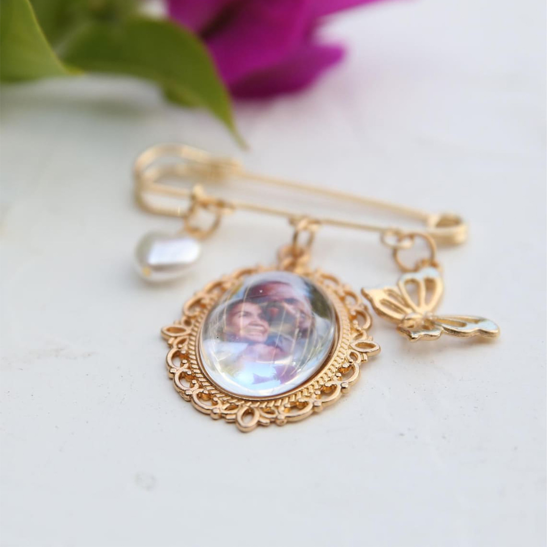 Personalized Photo Bouquet Brooch, Custom Photo Lapel Pin, Anniversary/Wedding Gift