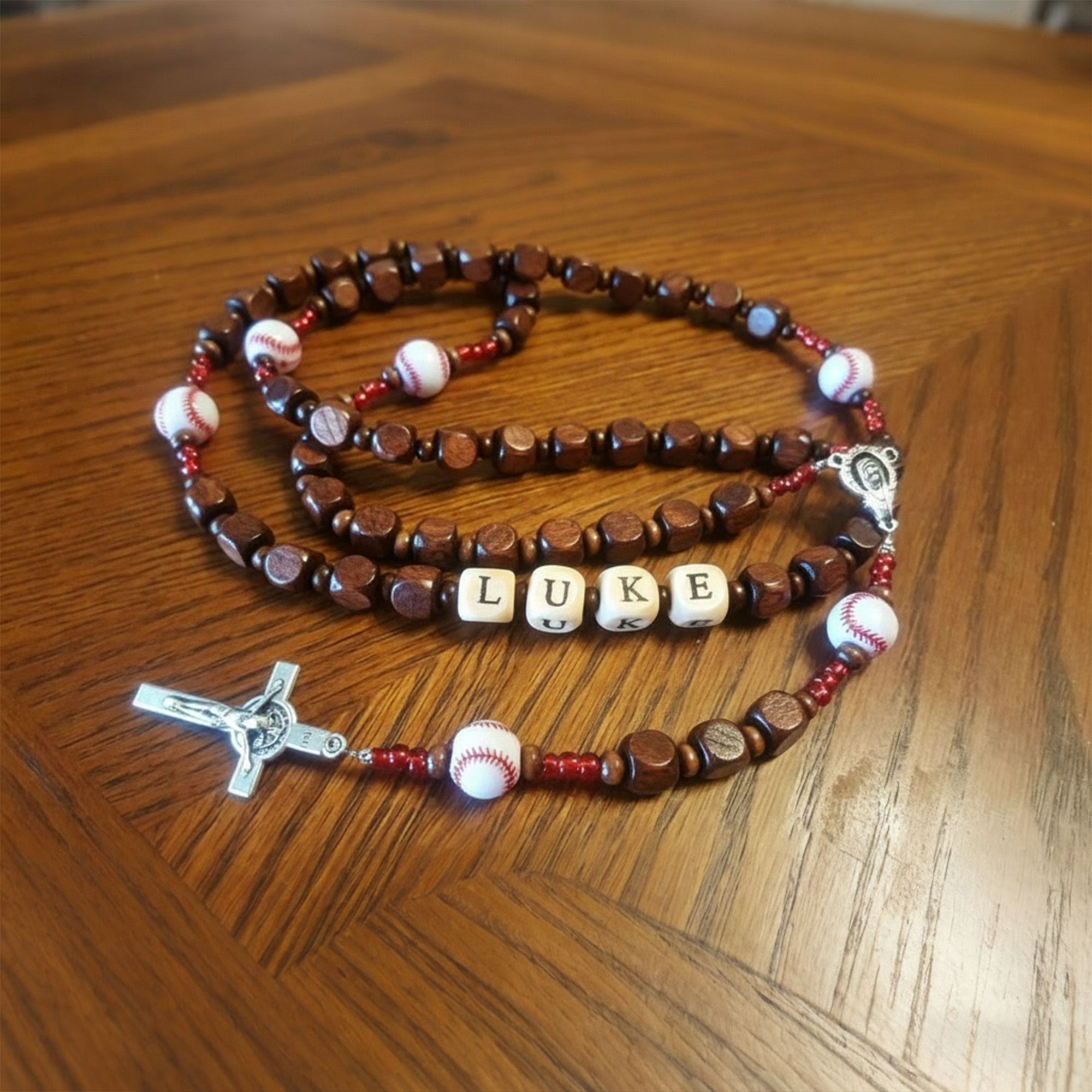 Personalized Wooden Rosary with Name Beads, Sport Ball Accents & Crucifix, Catholic Gift for Communion & Confirmation