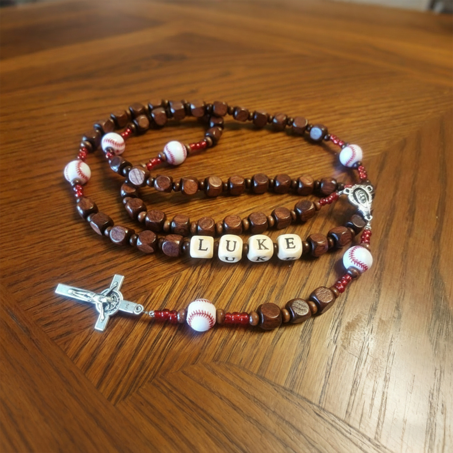 Personalized Wooden Rosary with Name Beads, Sport Ball Accents & Crucifix, Catholic Gift for Communion & Confirmation