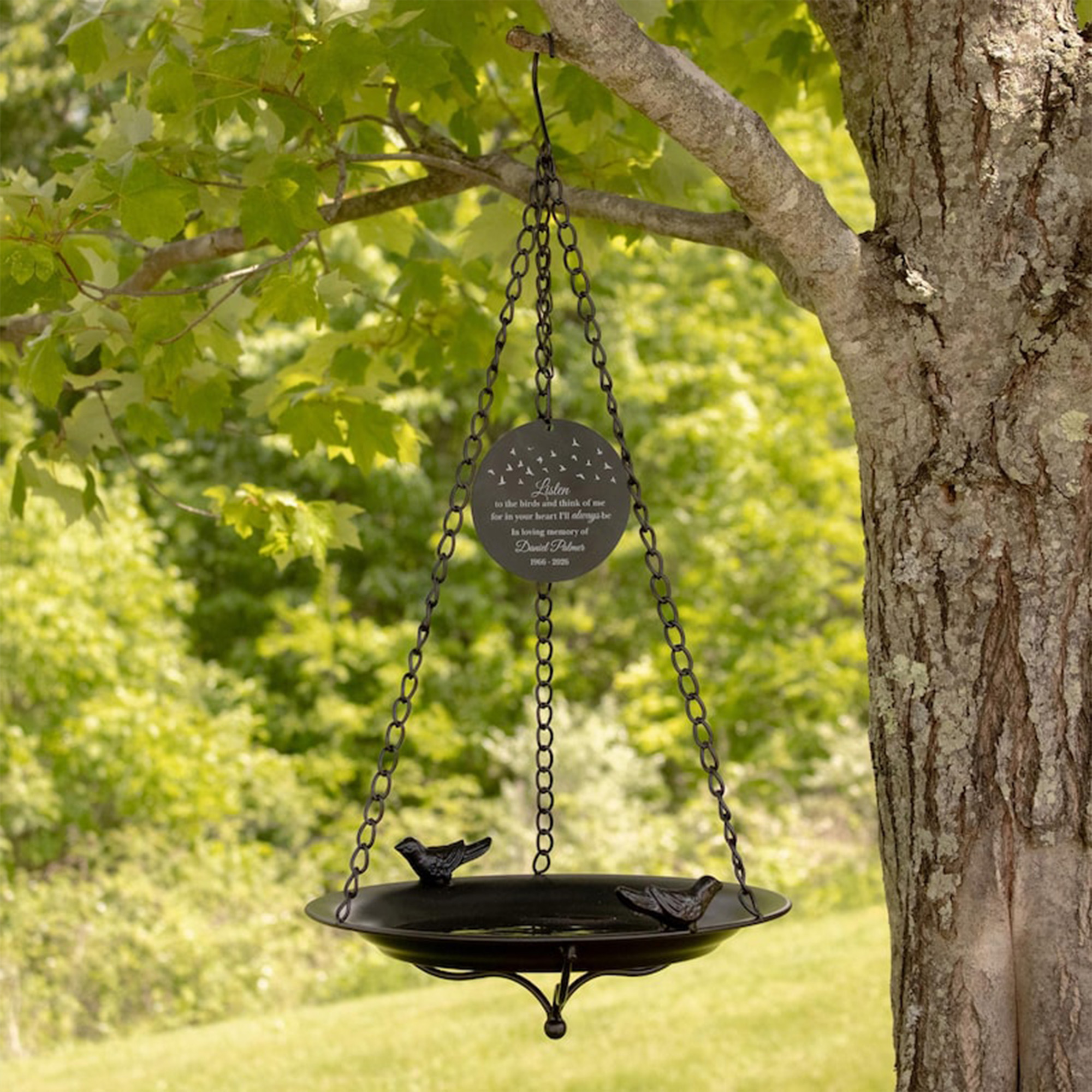 Engraved Sympathy Garden Remembrance Gift with Name & Years, Personalized Memorial Bird Bath, Hanging Metal Bowl