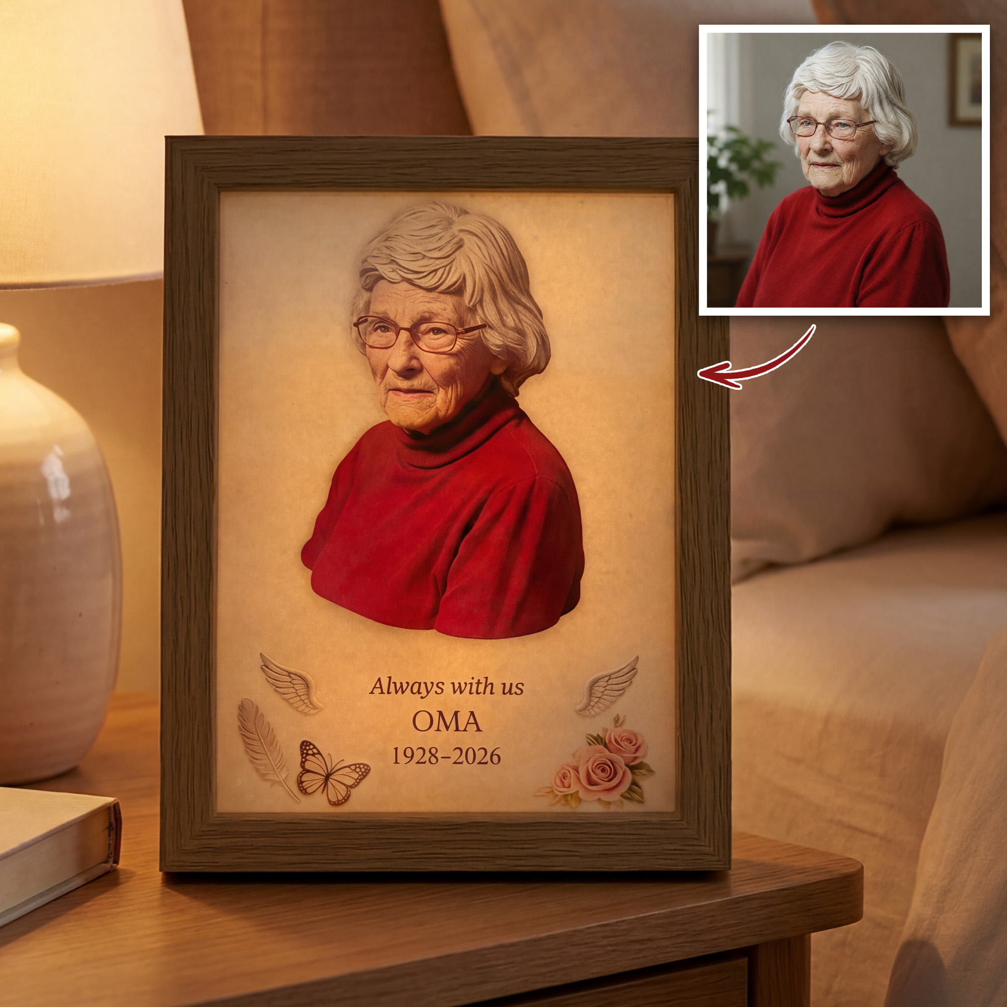 Personalized 2D Photo Memorial Wooden Frame with Light, Flat Printed Photo Frame, Memorial Decor, Memorial Gift, Mother's Day Gift