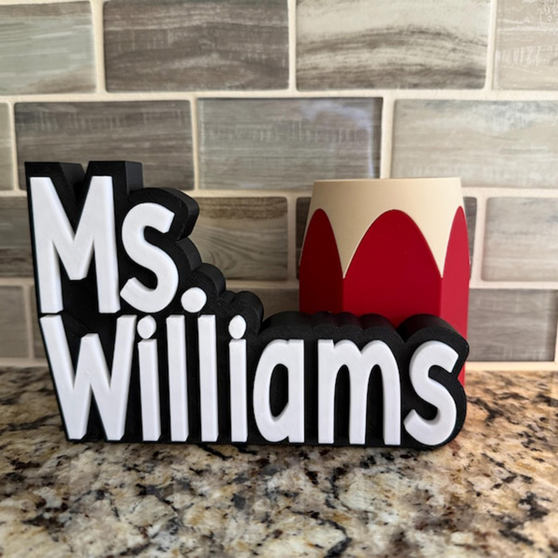Custom Teacher Name Plate & Pen Cup, Personalized Desk Name Stand, Teacher Gift