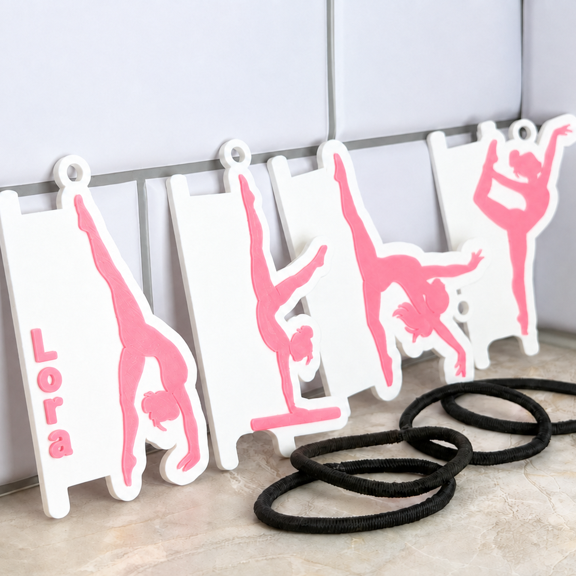 Custom Gymnastics Hair Tie Holder Keychain Set for Sports Bags