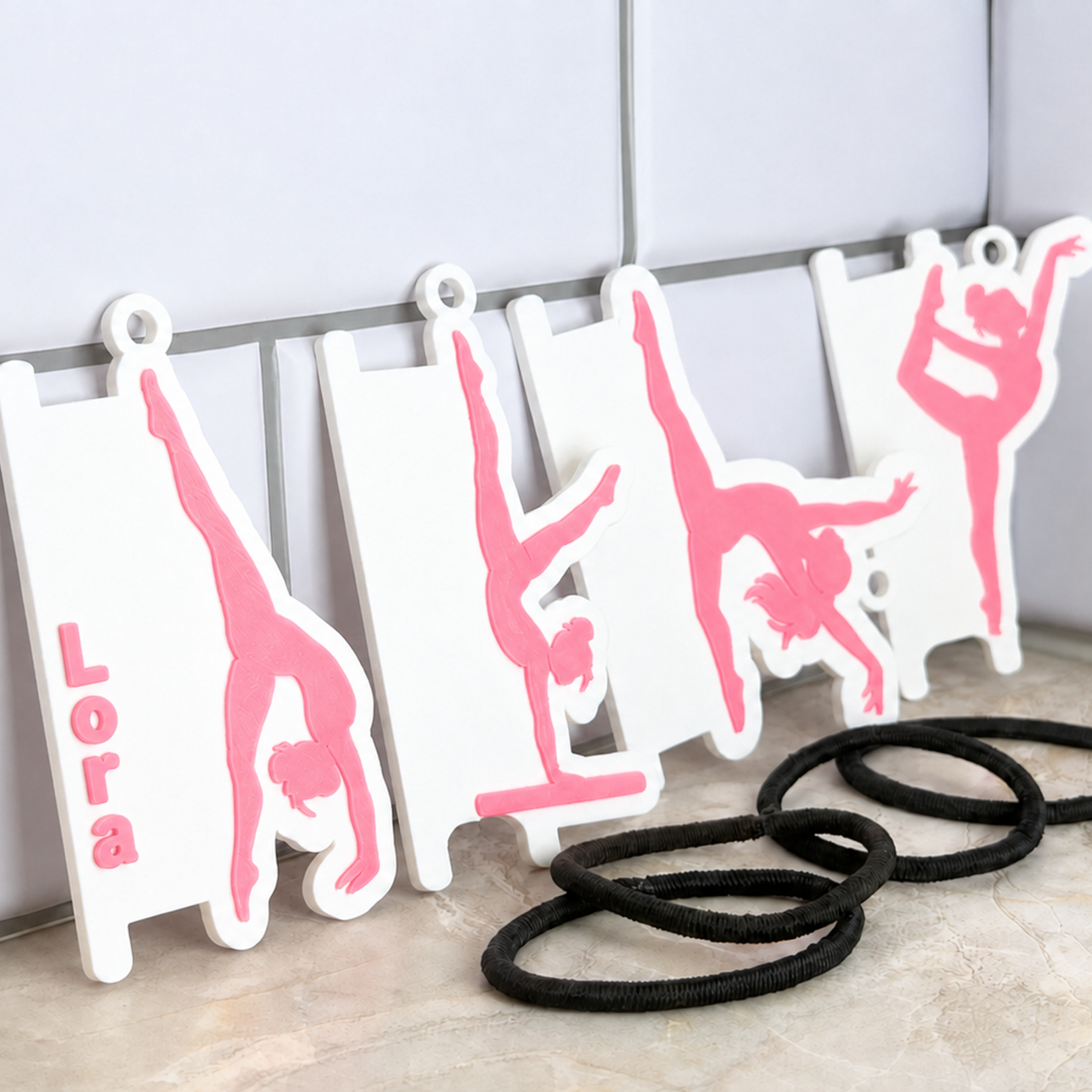 Custom Gymnastics Hair Tie Holder Keychain Set for Sports Bags