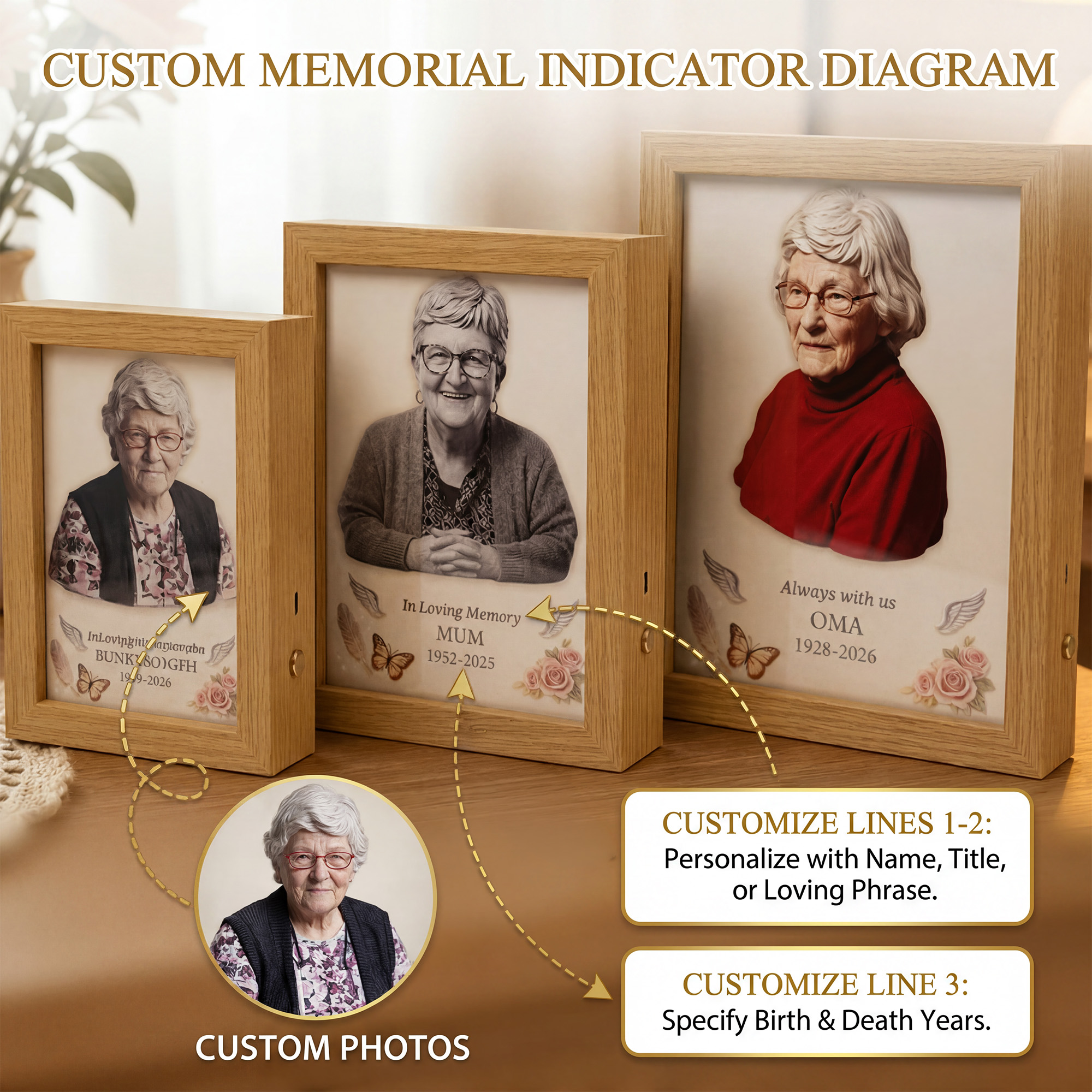 Personalized 2D Photo Memorial Wooden Frame with Light, Flat Printed Photo Frame, Memorial Decor, Memorial Gift, Mother's Day Gift