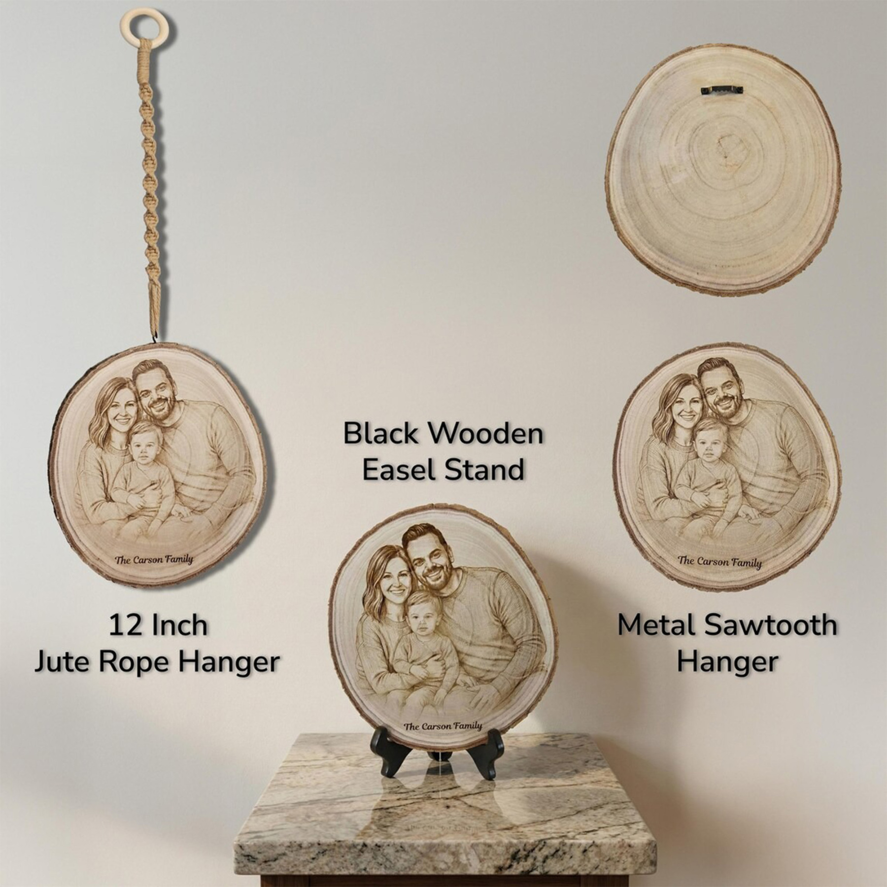 Personalized Family Photo Portrait Engraved Wood Slice Display, Wood Slice Keepsake, Memorial Keepsake, Home Decor