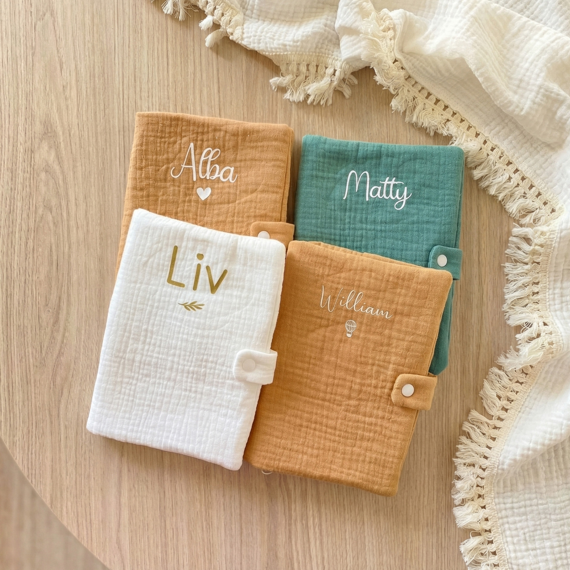 Custom Name Cotton Gauze Baby Health Record Book Cover, Embroidered Iron-on Name, New Baby Gift