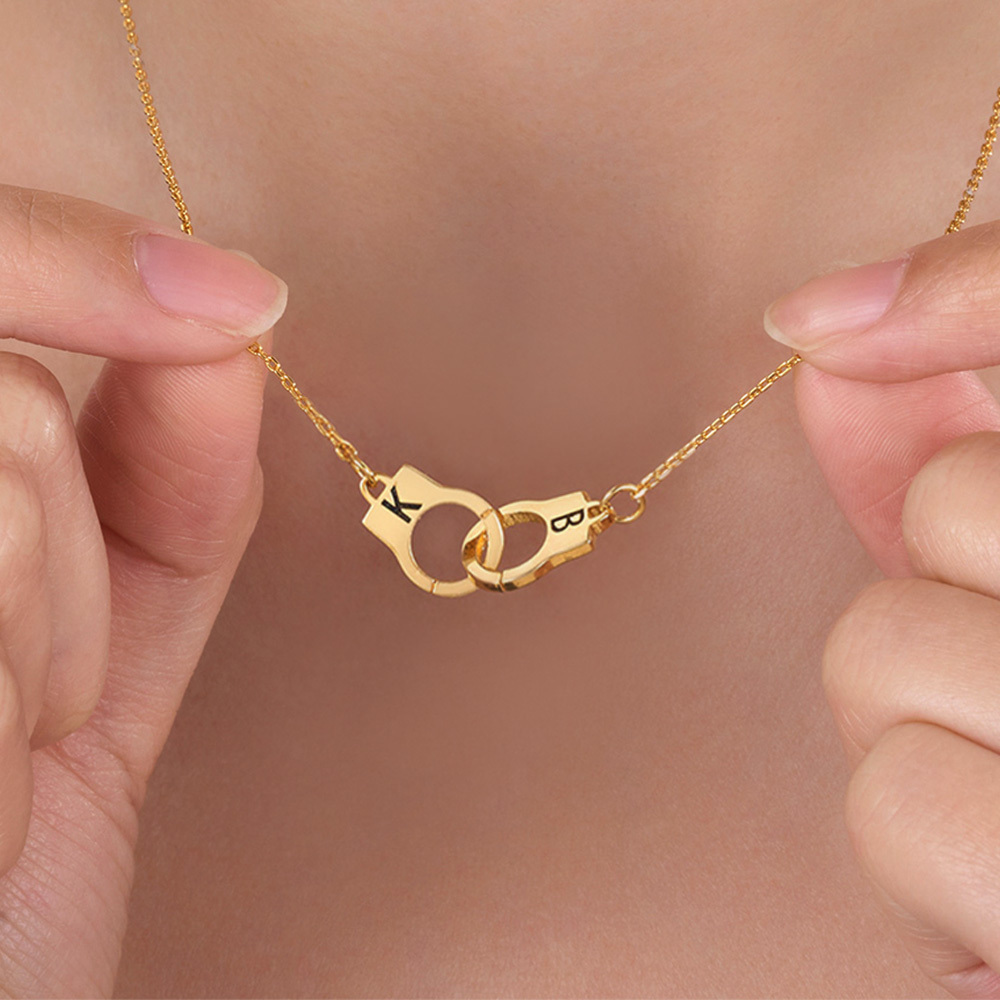 Personalized Police Handcuff Necklace with Double Initials, Interlocking infinity Necklace, Valentine's Day/Birthday Gift for Her/Him/Couple