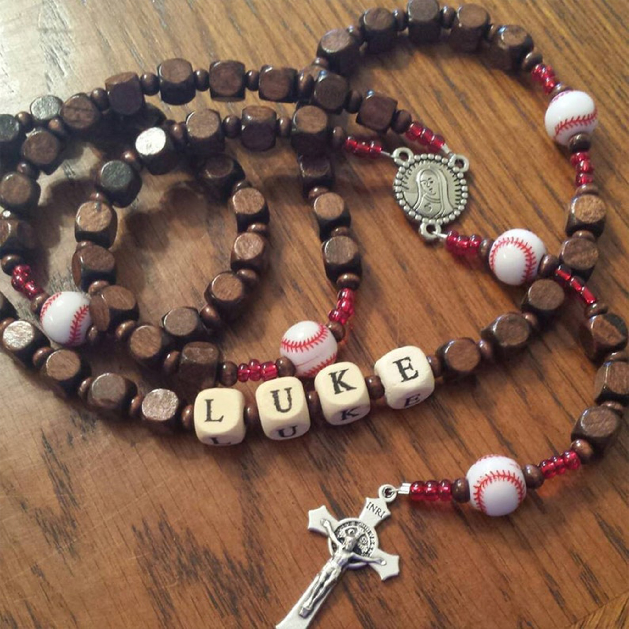 Personalized Wooden Rosary with Name Beads, Sport Ball Accents & Crucifix, Catholic Gift for Communion & Confirmation