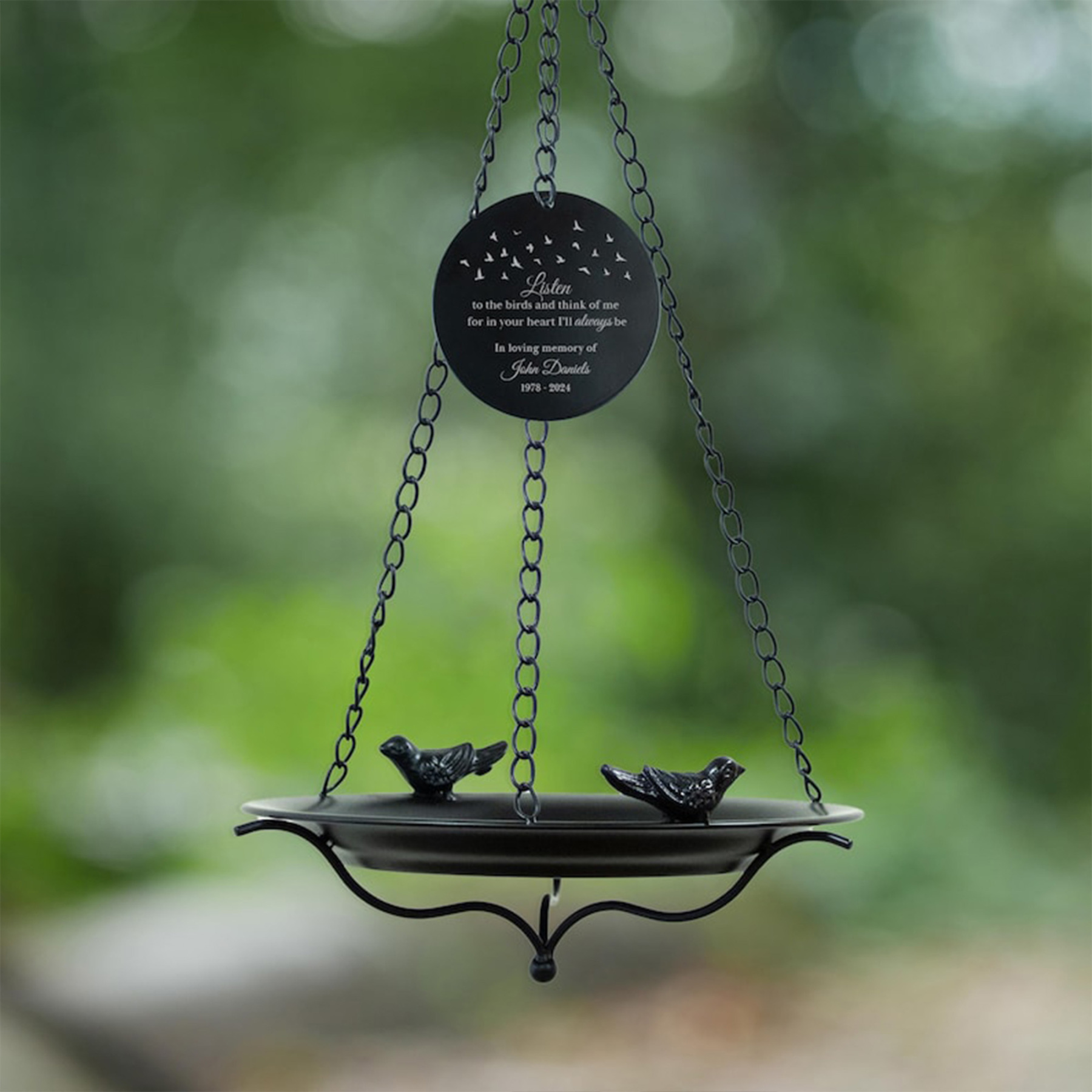 Engraved Sympathy Garden Remembrance Gift with Name & Years, Personalized Memorial Bird Bath, Hanging Metal Bowl