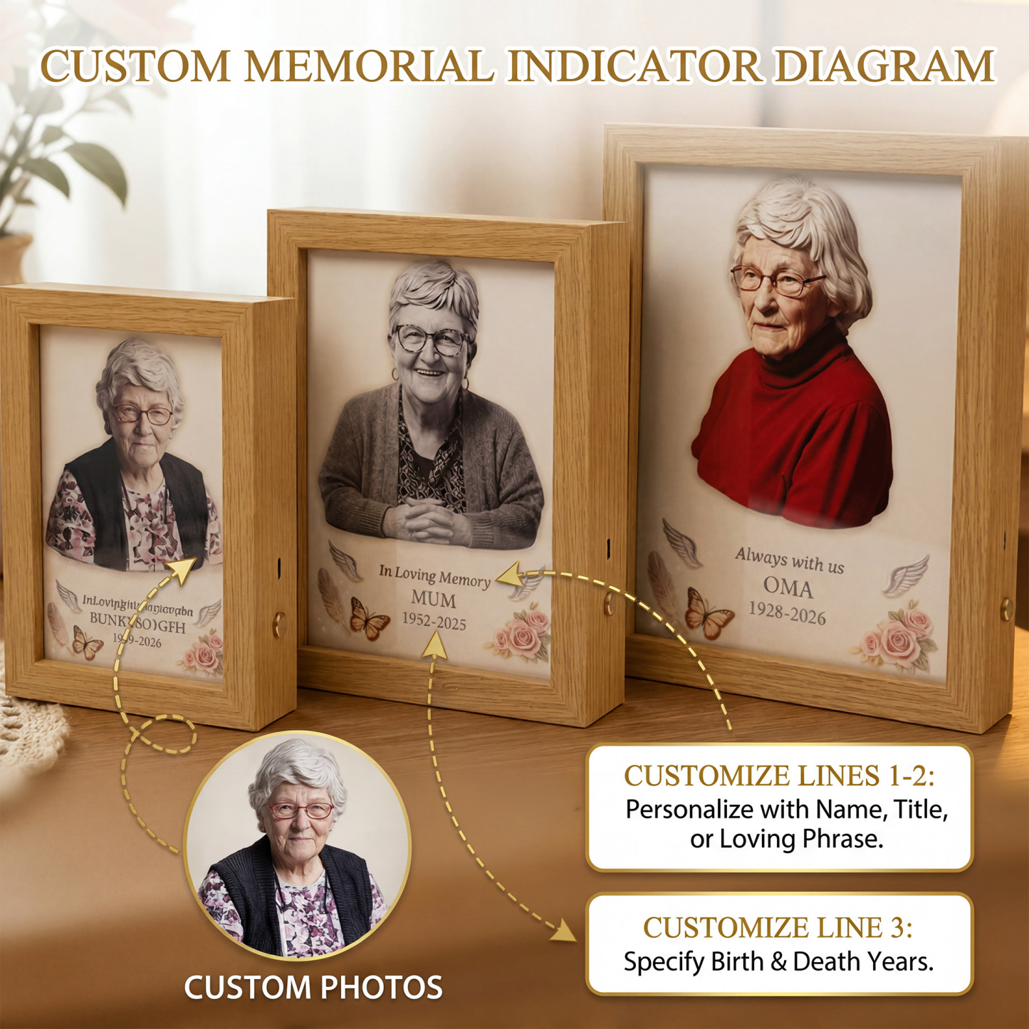 Personalized 2D Photo Memorial Wooden Frame with Light, Flat Printed Photo Frame, Memorial Decor, Memorial Gift, Mother's Day Gift