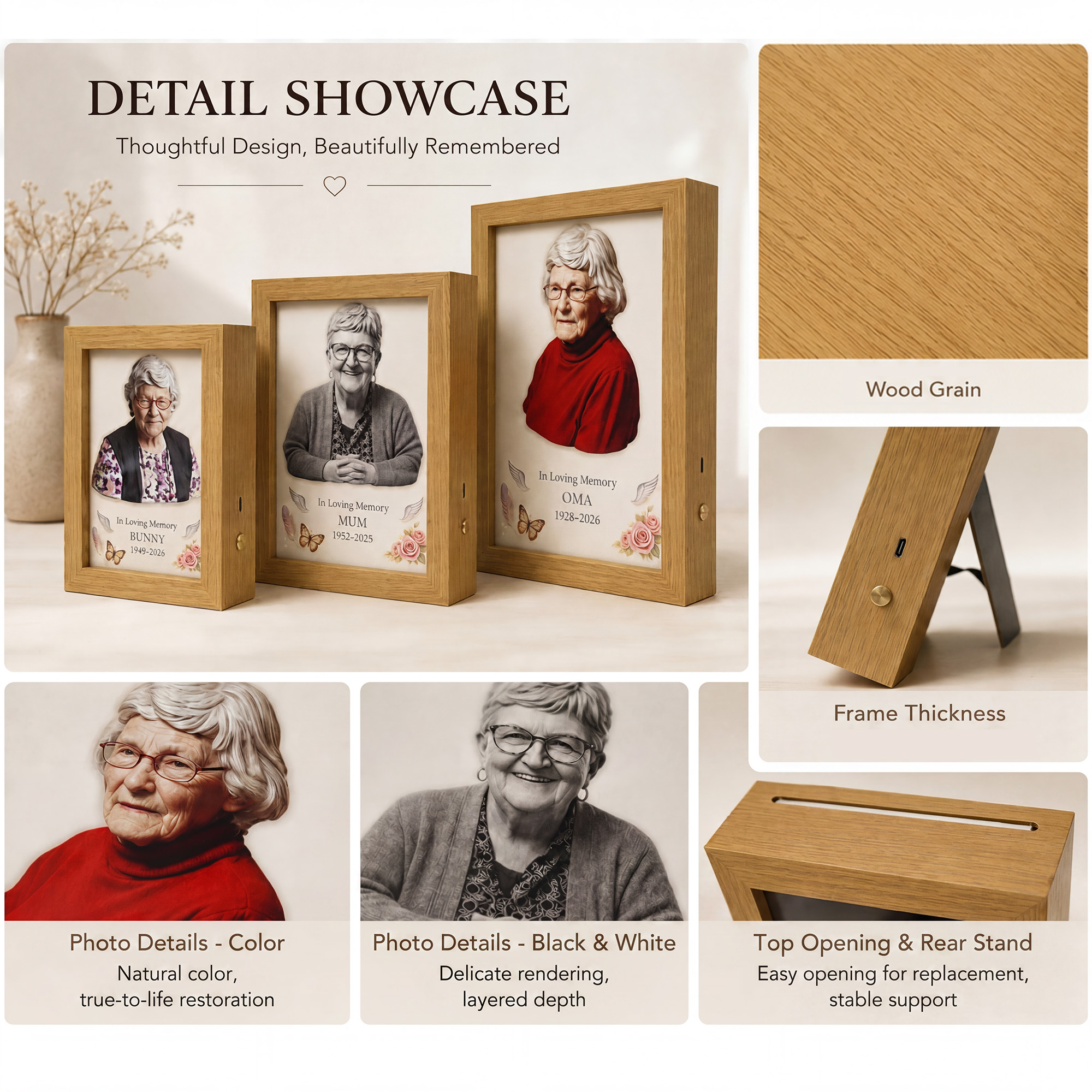 Personalized 2D Photo Memorial Wooden Frame with Light, Flat Printed Photo Frame, Memorial Decor, Memorial Gift, Mother's Day Gift