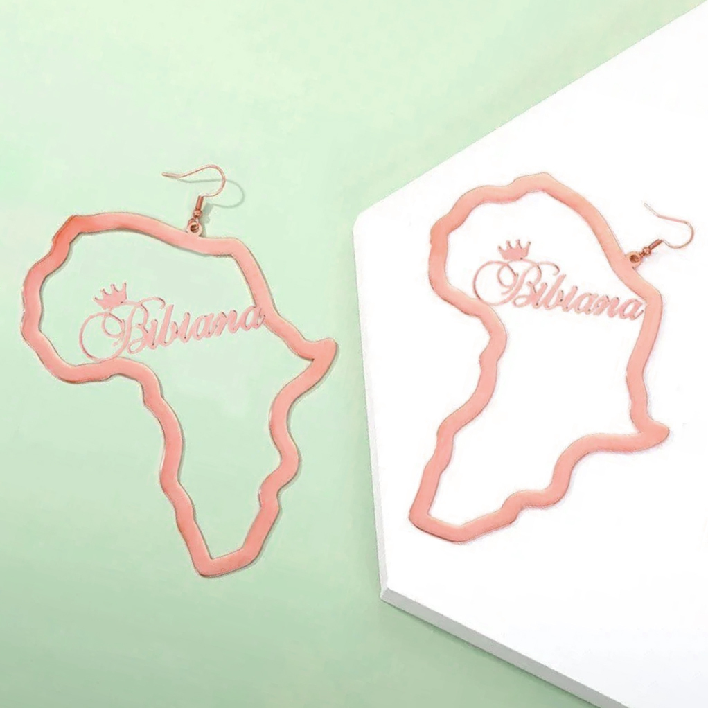 Personalized Name Africa Map Earrings, Custom Hoop Earrings with Crown Name, for Christmas/Birthday/Ethnic/Valentine Gift