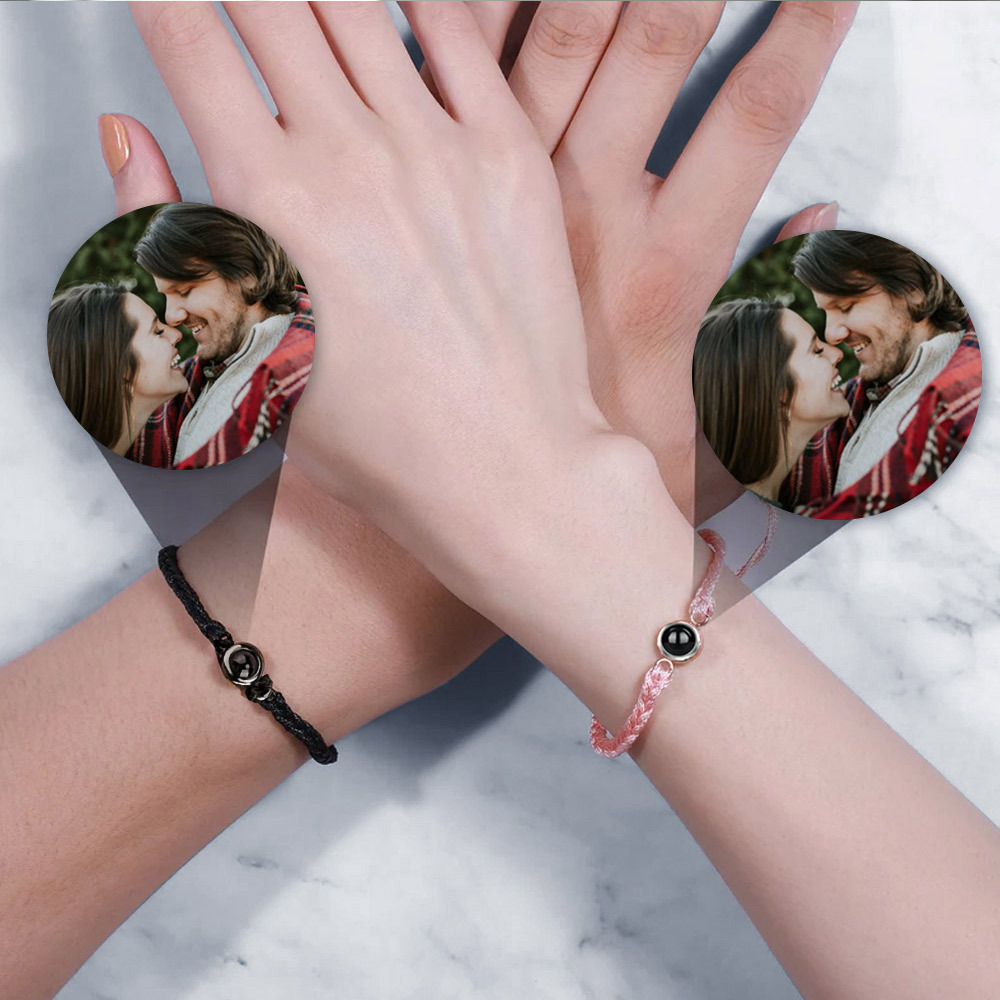 Custom Circle Photo Projection Bracelet, Adjustable Handmade Woven Bracelet, Anniversary/Valentine's Day Gifts for Couple/Family/Friends