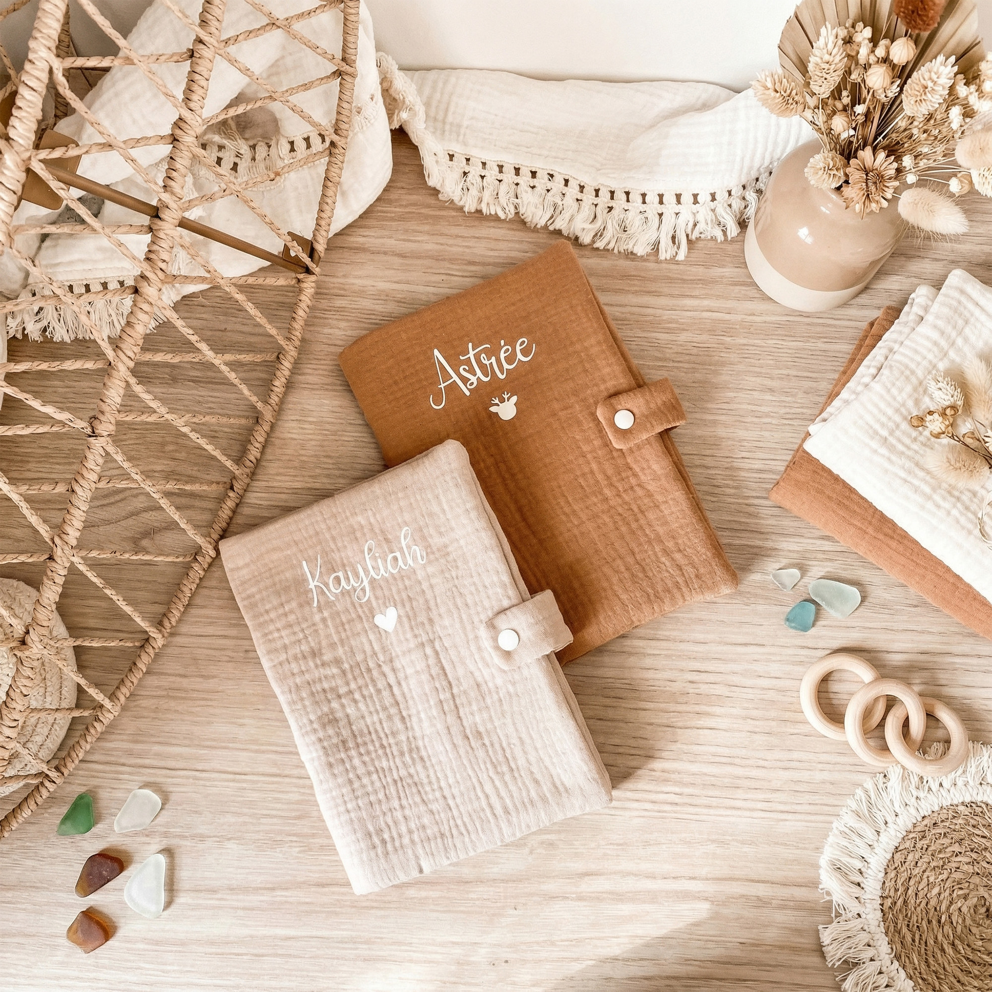 Custom Name Cotton Gauze Baby Health Record Book Cover, Embroidered Iron-on Name, New Baby Gift