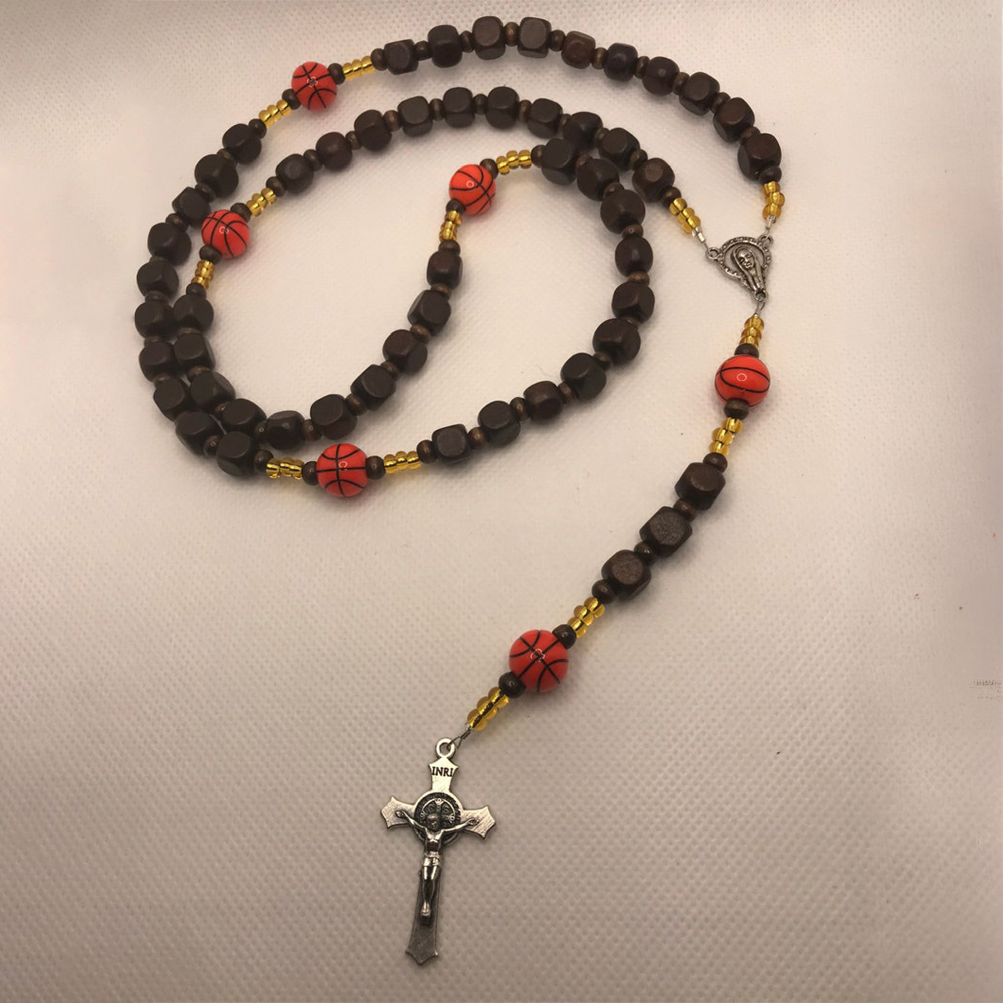 Personalized Wooden Rosary with Name Beads, Sport Ball Accents & Crucifix, Catholic Gift for Communion & Confirmation