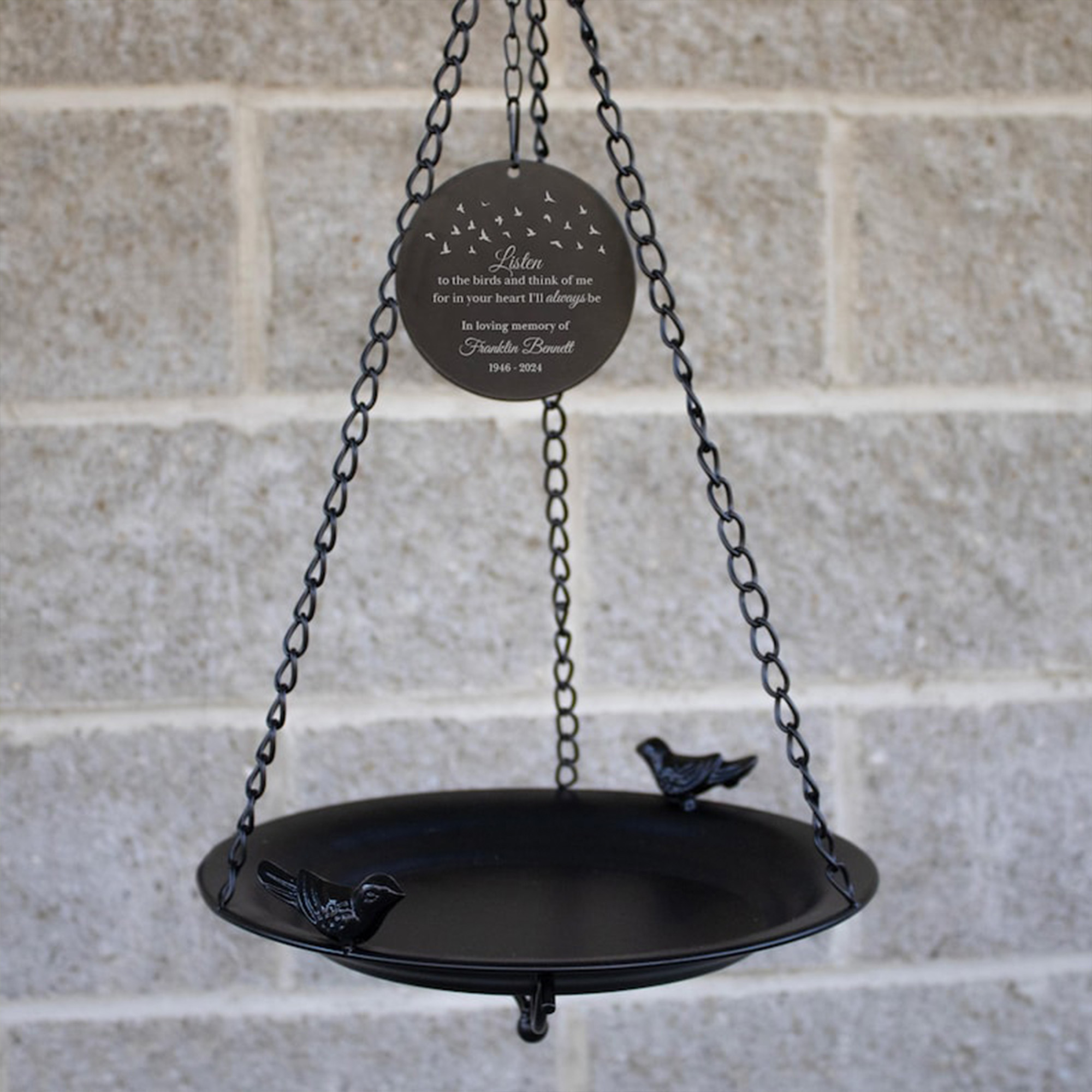 Engraved Sympathy Garden Remembrance Gift with Name & Years, Personalized Memorial Bird Bath, Hanging Metal Bowl