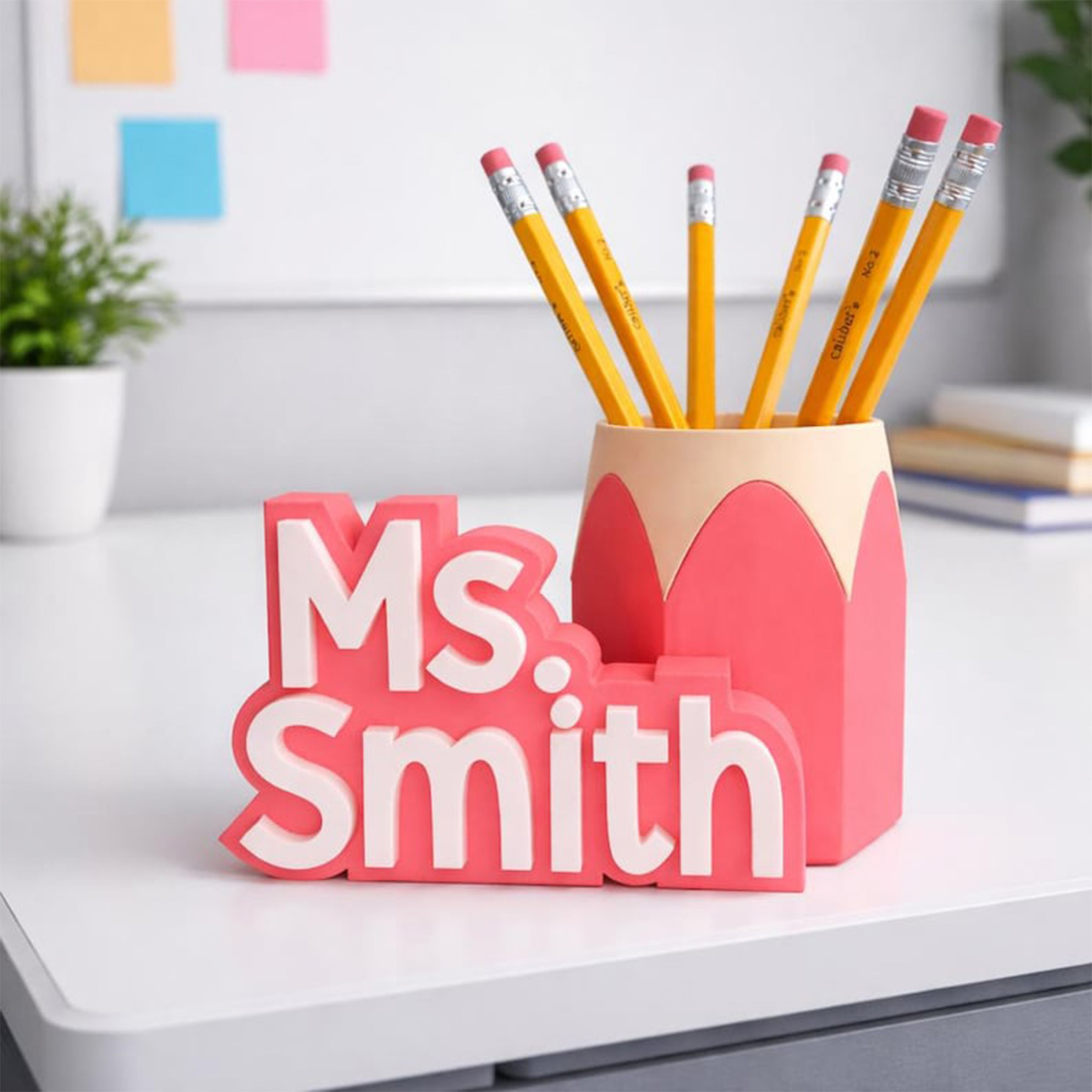 Custom Teacher Name Plate & Pen Cup, Personalized Desk Name Stand, Teacher Gift