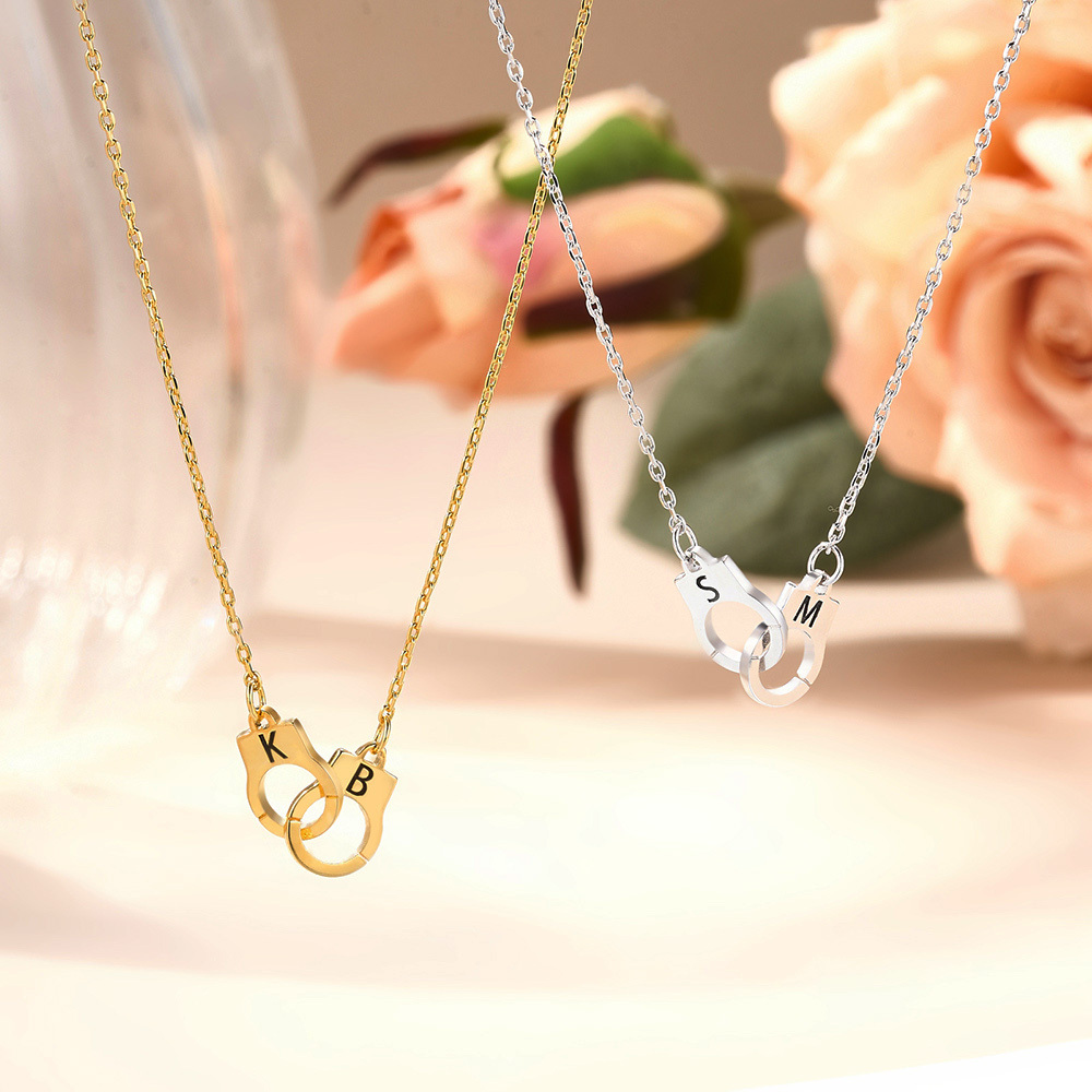 Personalized Police Handcuff Necklace with Double Initials, Interlocking infinity Necklace, Valentine's Day/Birthday Gift for Her/Him/Couple
