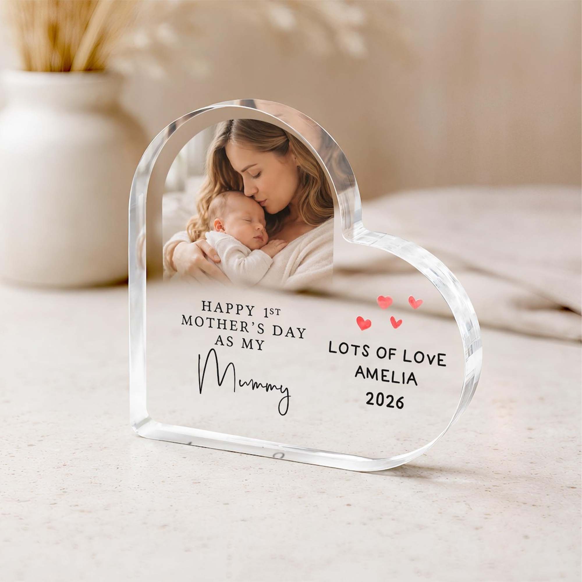 Custom First Mother's Day Heart Shape Photo Frame, Table Decor, Home Decor, Gift for Mother, First Mother's Day Gift