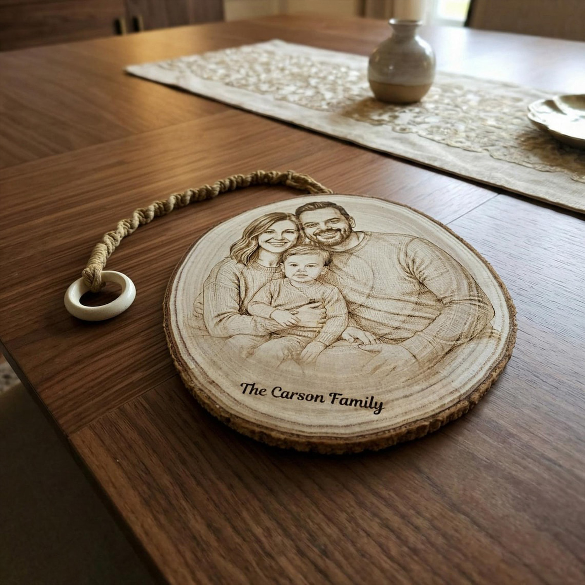 Personalized Family Photo Portrait Engraved Wood Slice Display, Wood Slice Keepsake, Memorial Keepsake, Home Decor