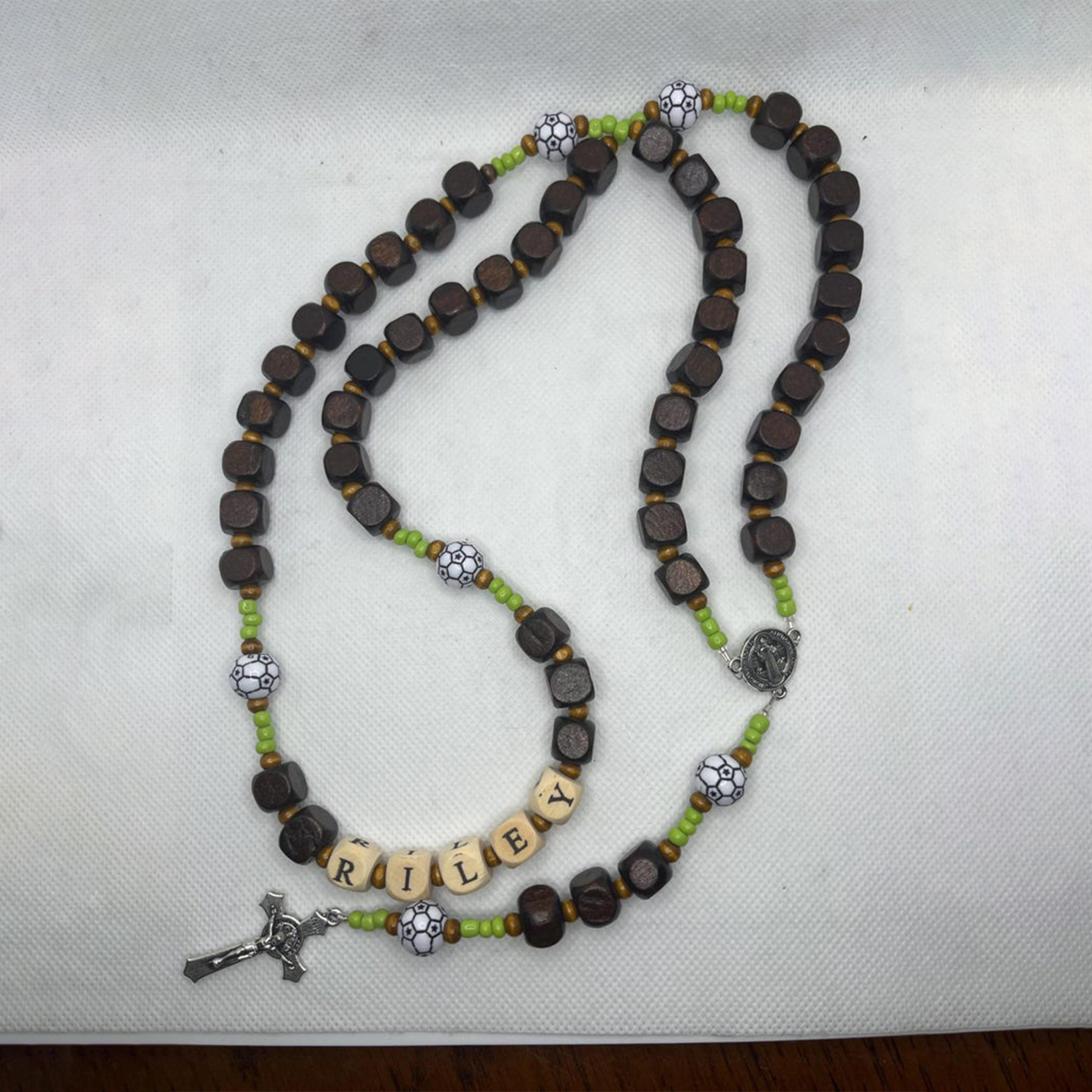 Personalized Wooden Rosary with Name Beads, Sport Ball Accents & Crucifix, Catholic Gift for Communion & Confirmation