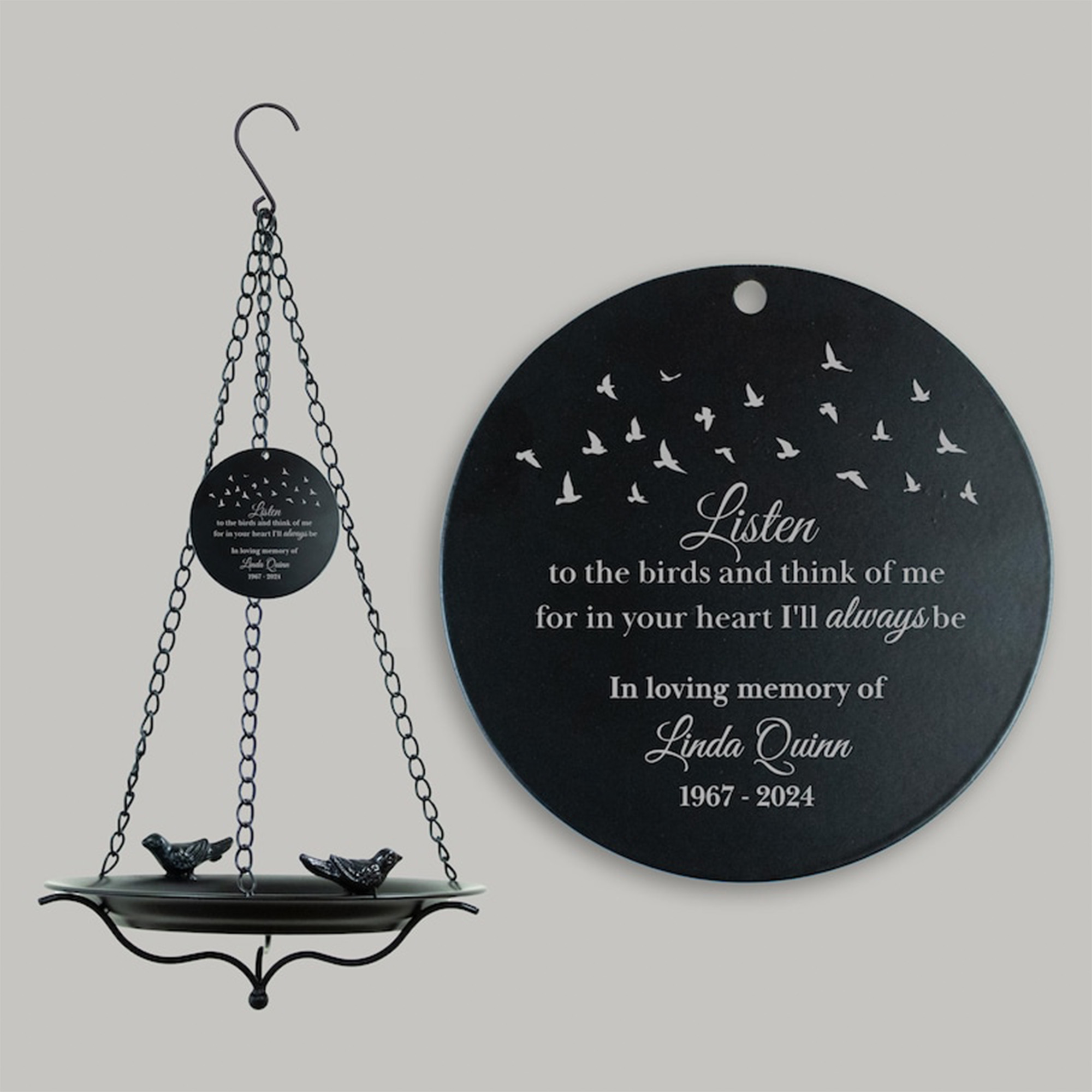 Engraved Sympathy Garden Remembrance Gift with Name & Years, Personalized Memorial Bird Bath, Hanging Metal Bowl
