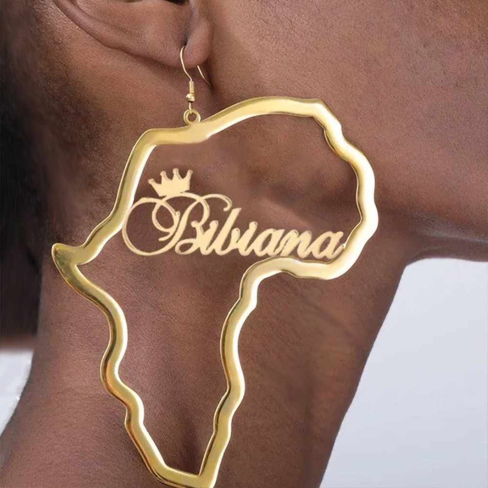 Personalized Name Africa Map Earrings, Custom Hoop Earrings with Crown Name, for Christmas/Birthday/Ethnic/Valentine Gift