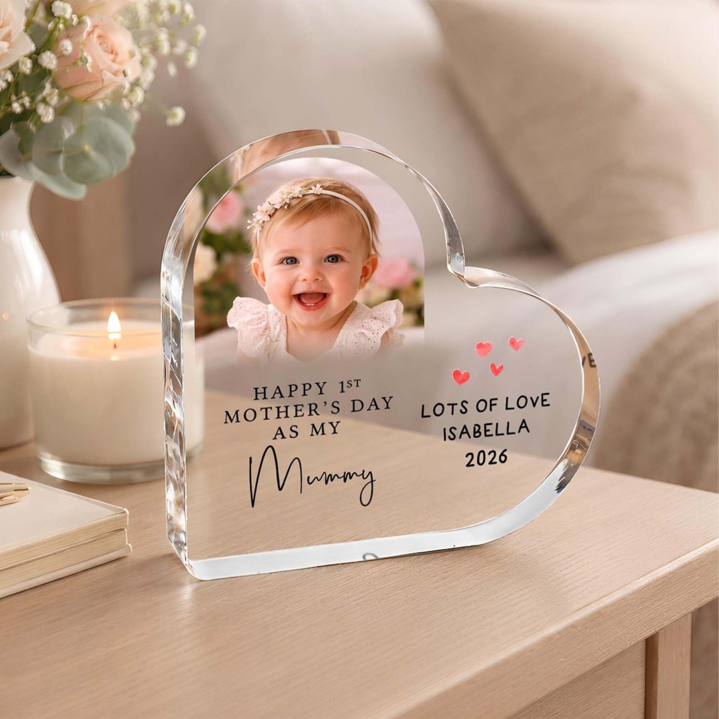 Custom First Mother's Day Heart Shape Photo Frame, Table Decor, Home Decor, Gift for Mother, First Mother's Day Gift