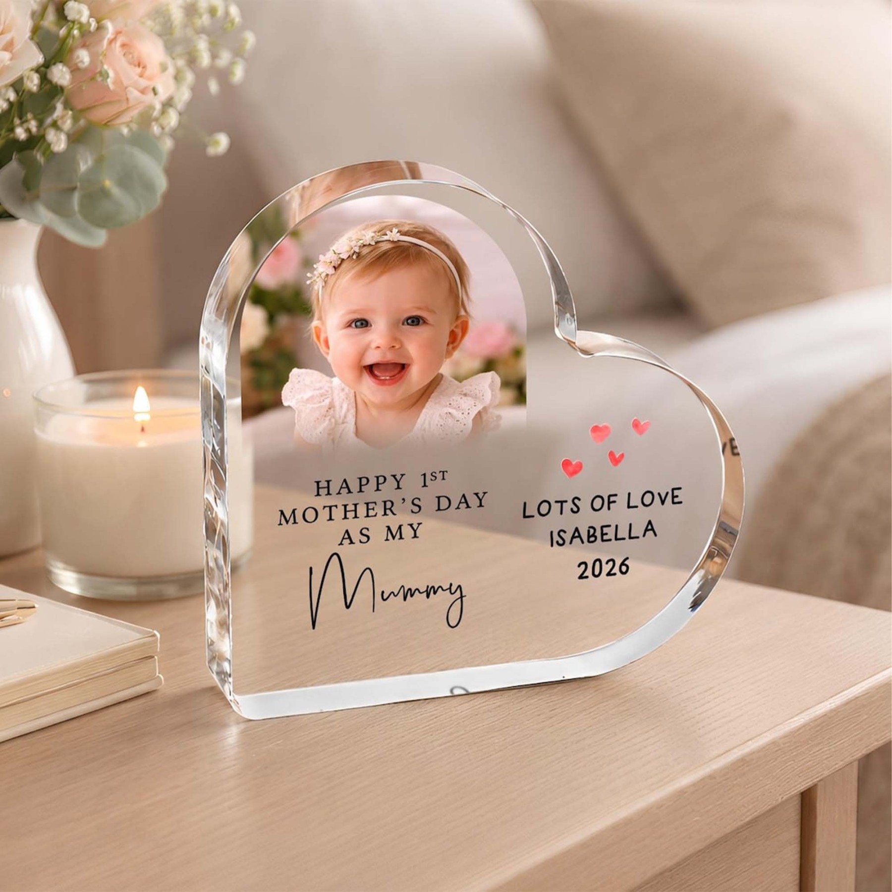 Custom First Mother's Day Heart Shape Photo Frame, Table Decor, Home Decor, Gift for Mother, First Mother's Day Gift