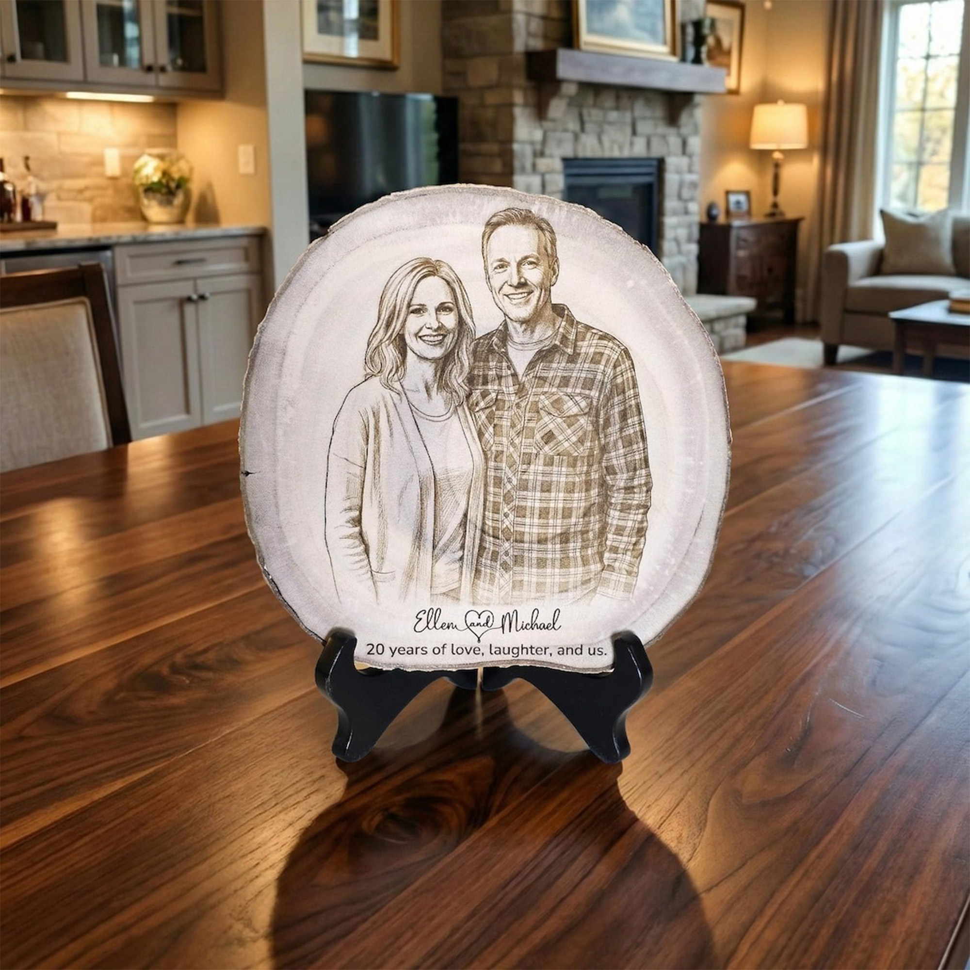 Personalized Family Photo Portrait Engraved Wood Slice Display, Wood Slice Keepsake, Memorial Keepsake, Home Decor