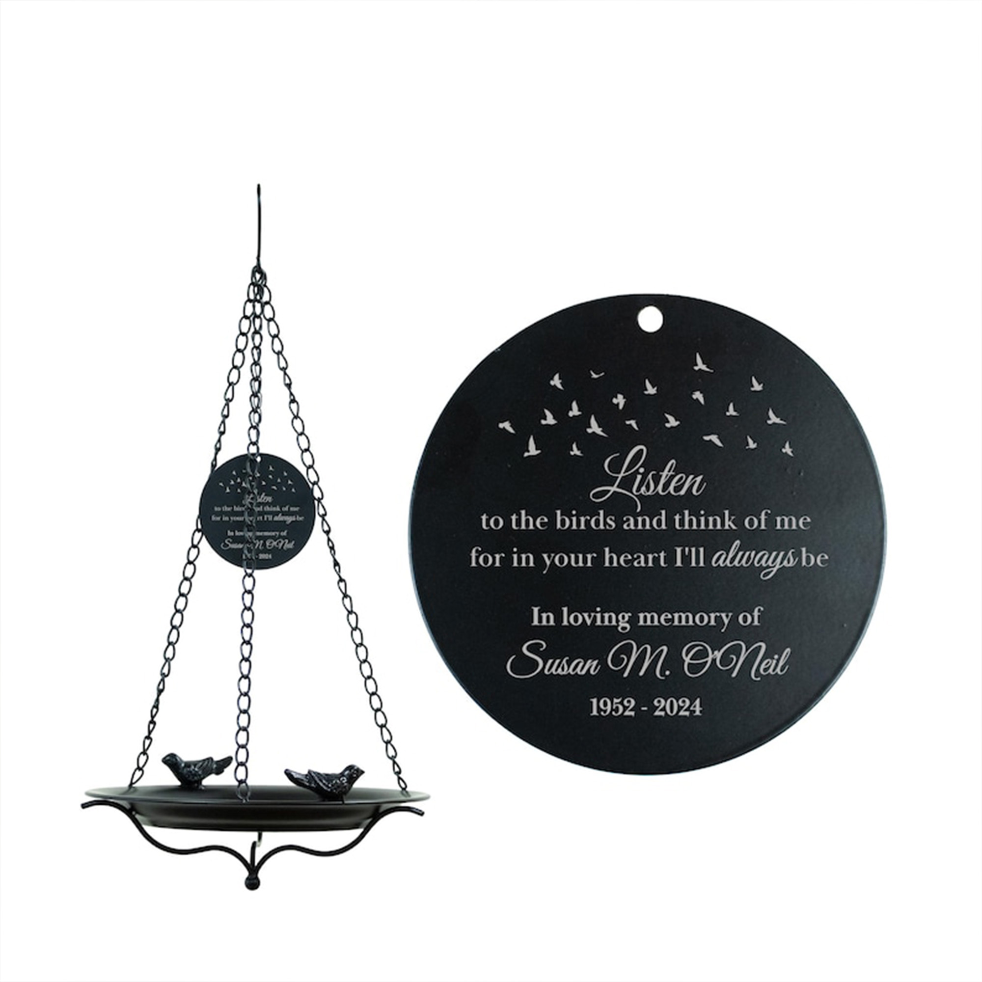 Engraved Sympathy Garden Remembrance Gift with Name & Years, Personalized Memorial Bird Bath, Hanging Metal Bowl