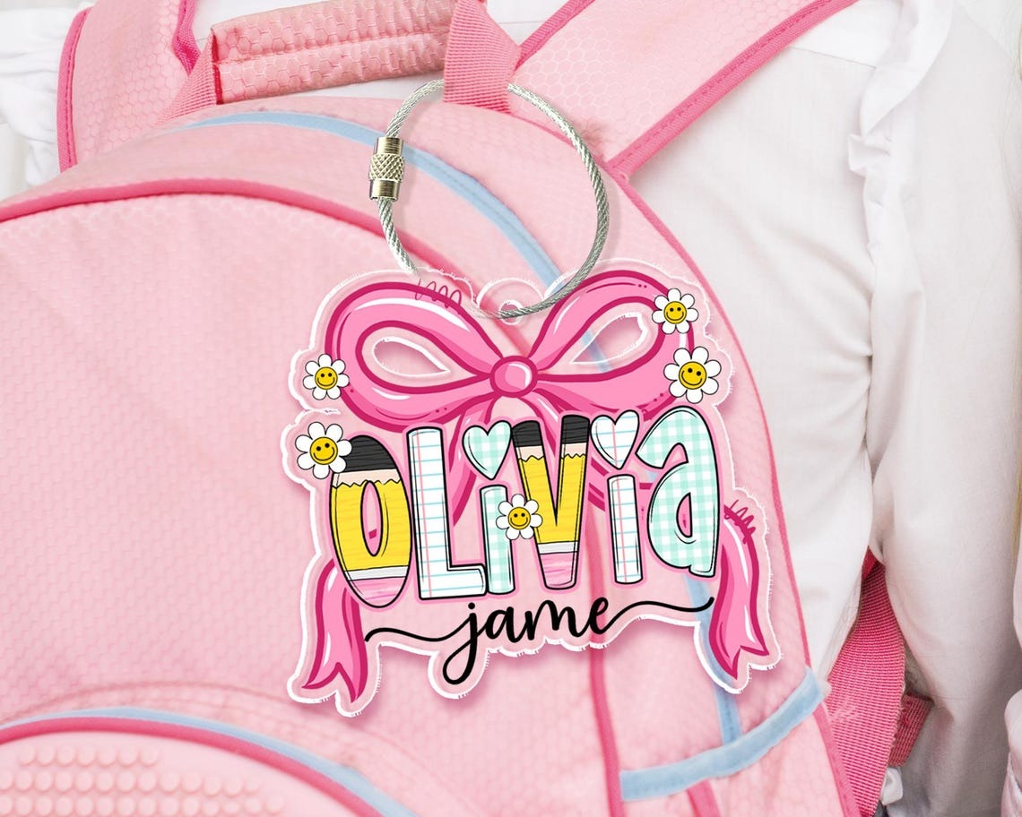Coquette Girl School Name Tag, Pink Bow Name Keychain for Girl, Back To School Gift for Toddler, Lunch Bag Tag, Backpack Name Tag, Bag Label