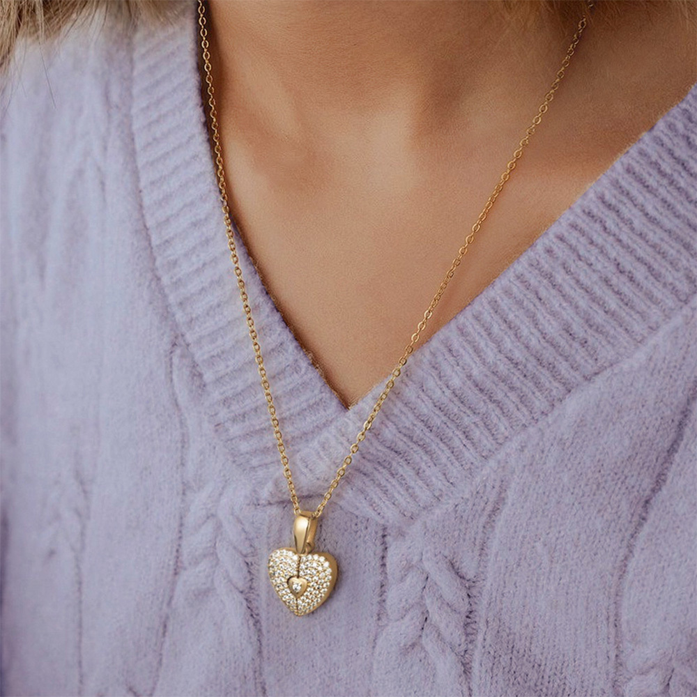 Custom Photo Heart Locket Necklace with Cubic Zirconia, Gold Jewelry Necklaces, Birthday/Mother's Day Gift for Women/Mom/Her/Lover