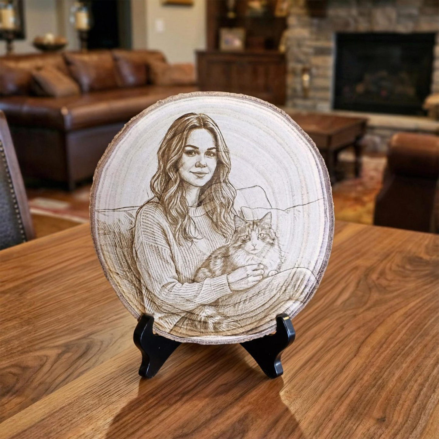 Personalized Family Photo Portrait Engraved Wood Slice Display, Wood Slice Keepsake, Memorial Keepsake, Home Decor