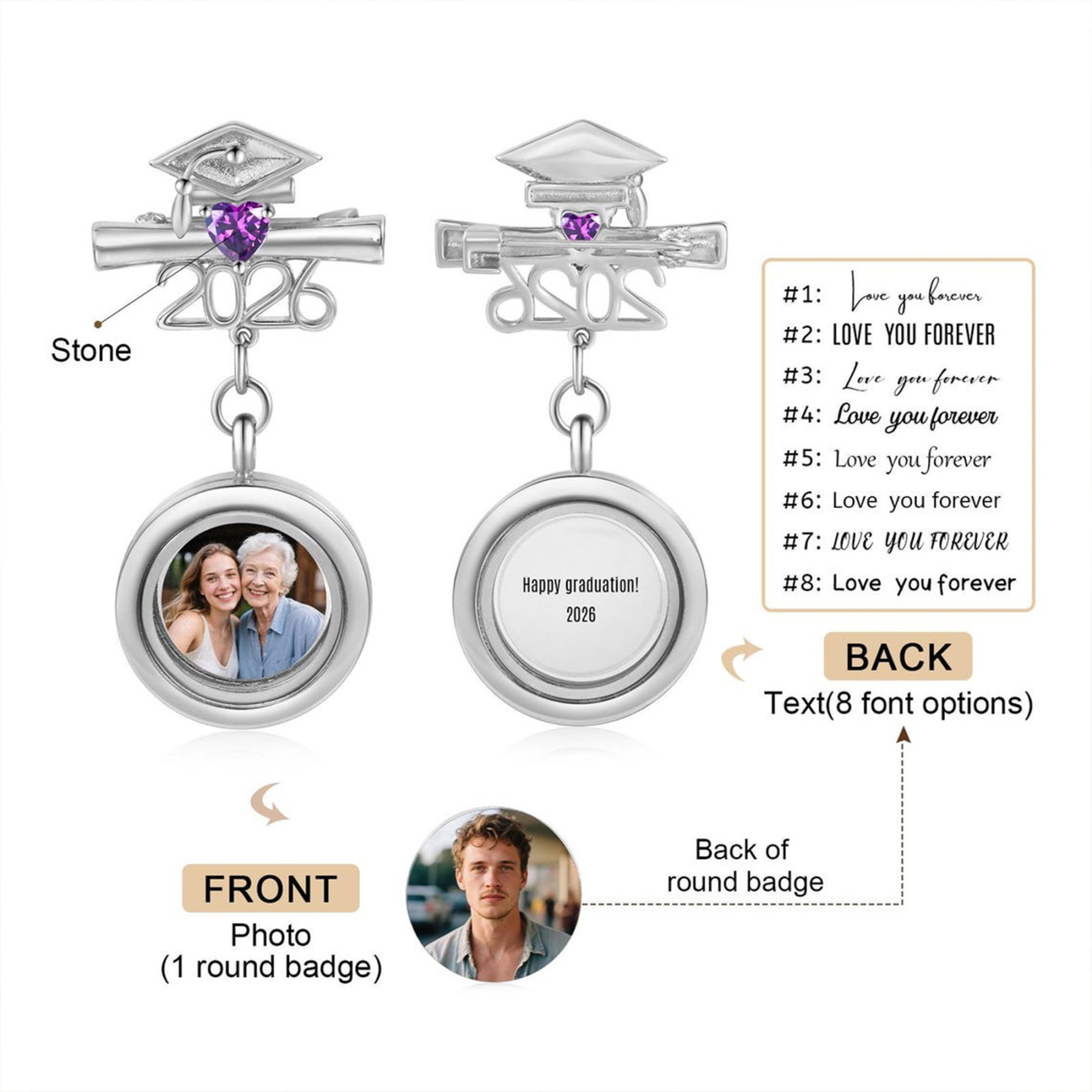 Custom Photo Memorial Brooch, Graduation Pin 2026, Graduation Gift, Walking with You Today and Always, Remembering Loved Ones Gift