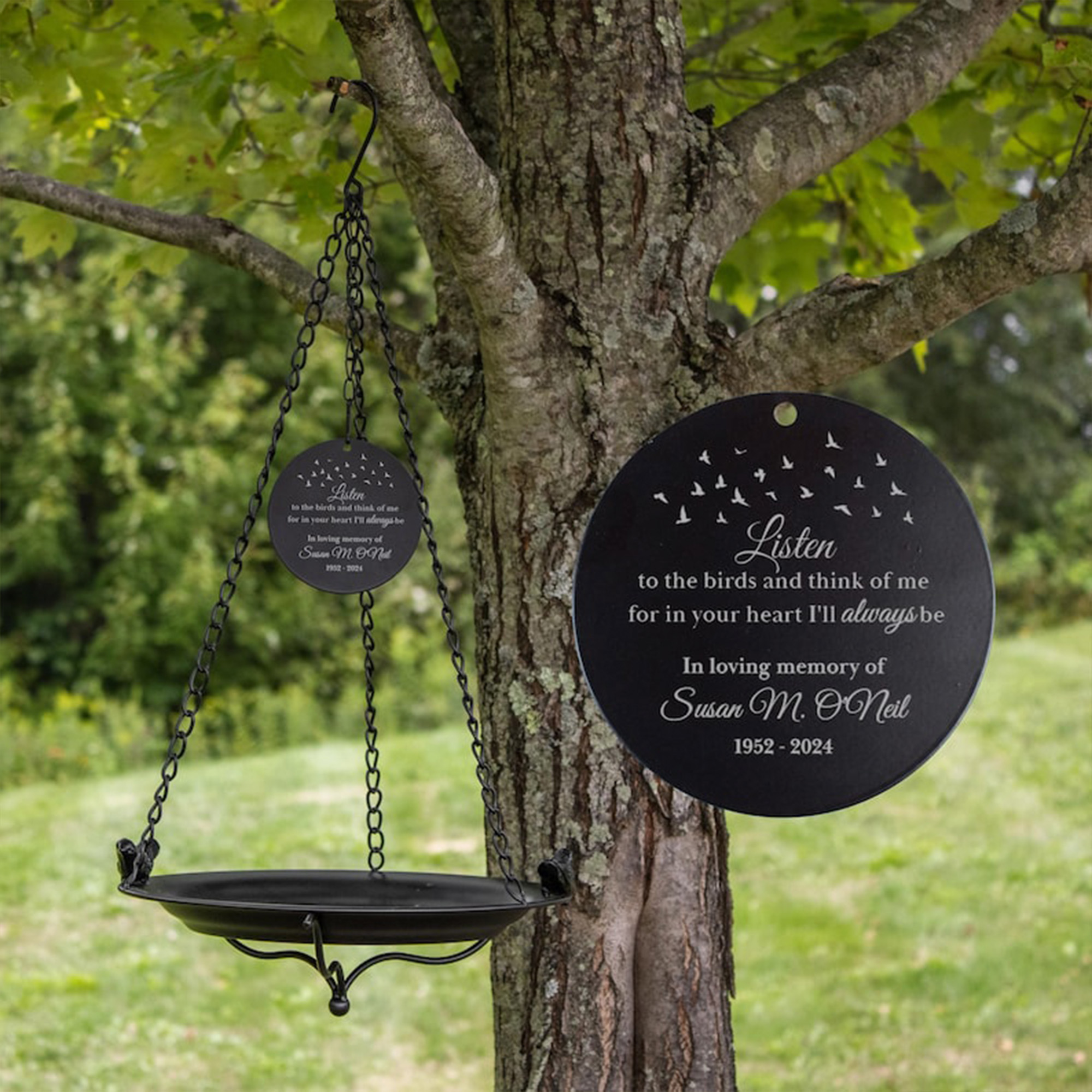 Engraved Sympathy Garden Remembrance Gift with Name & Years, Personalized Memorial Bird Bath, Hanging Metal Bowl