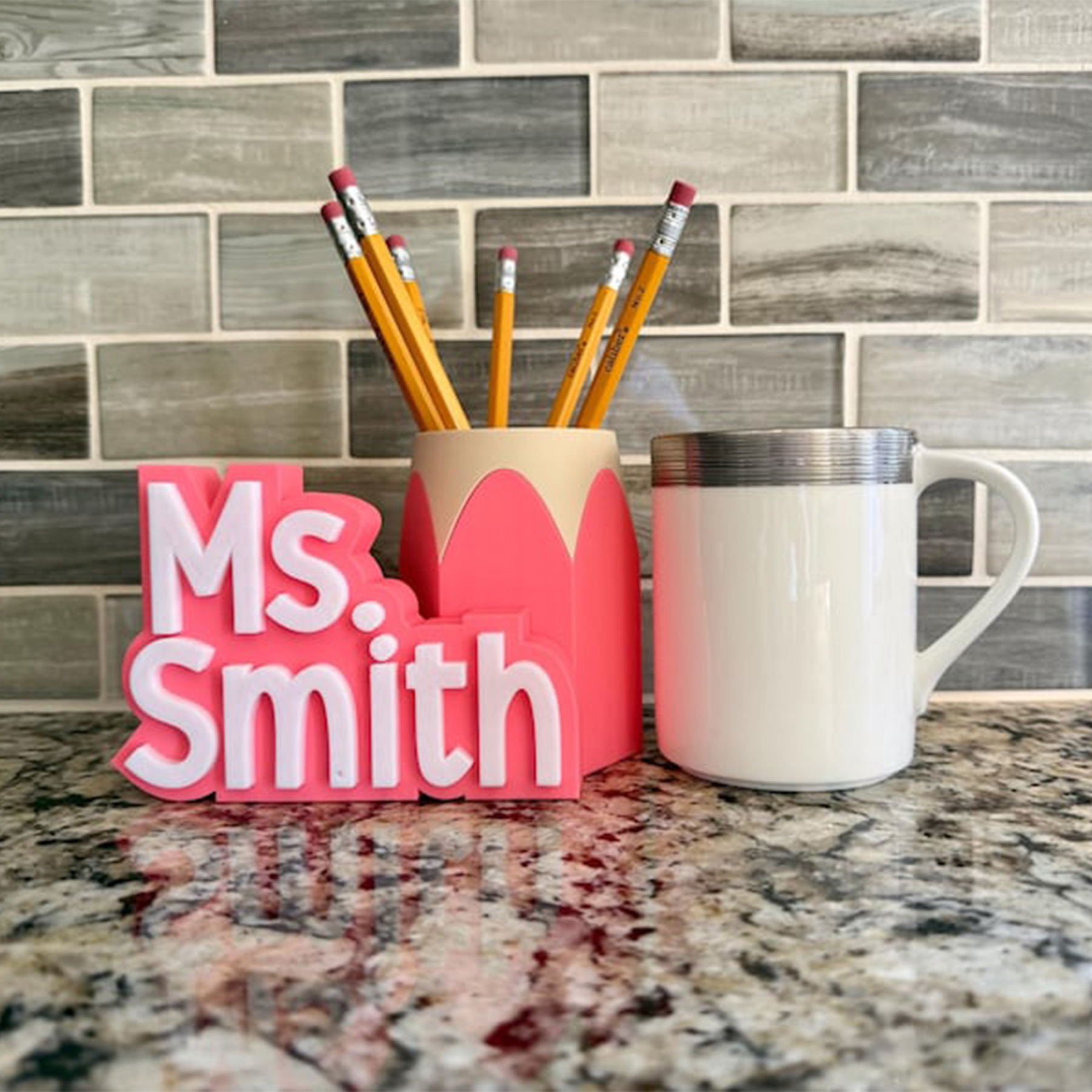 Custom Teacher Name Plate & Pen Cup, Personalized Desk Name Stand, Teacher Gift